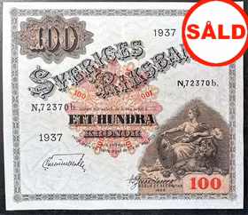 Sveriges Riksbank - 100 Kronor sedel 1937 - Tilltalande exemplar med rent fint och krispigt papper