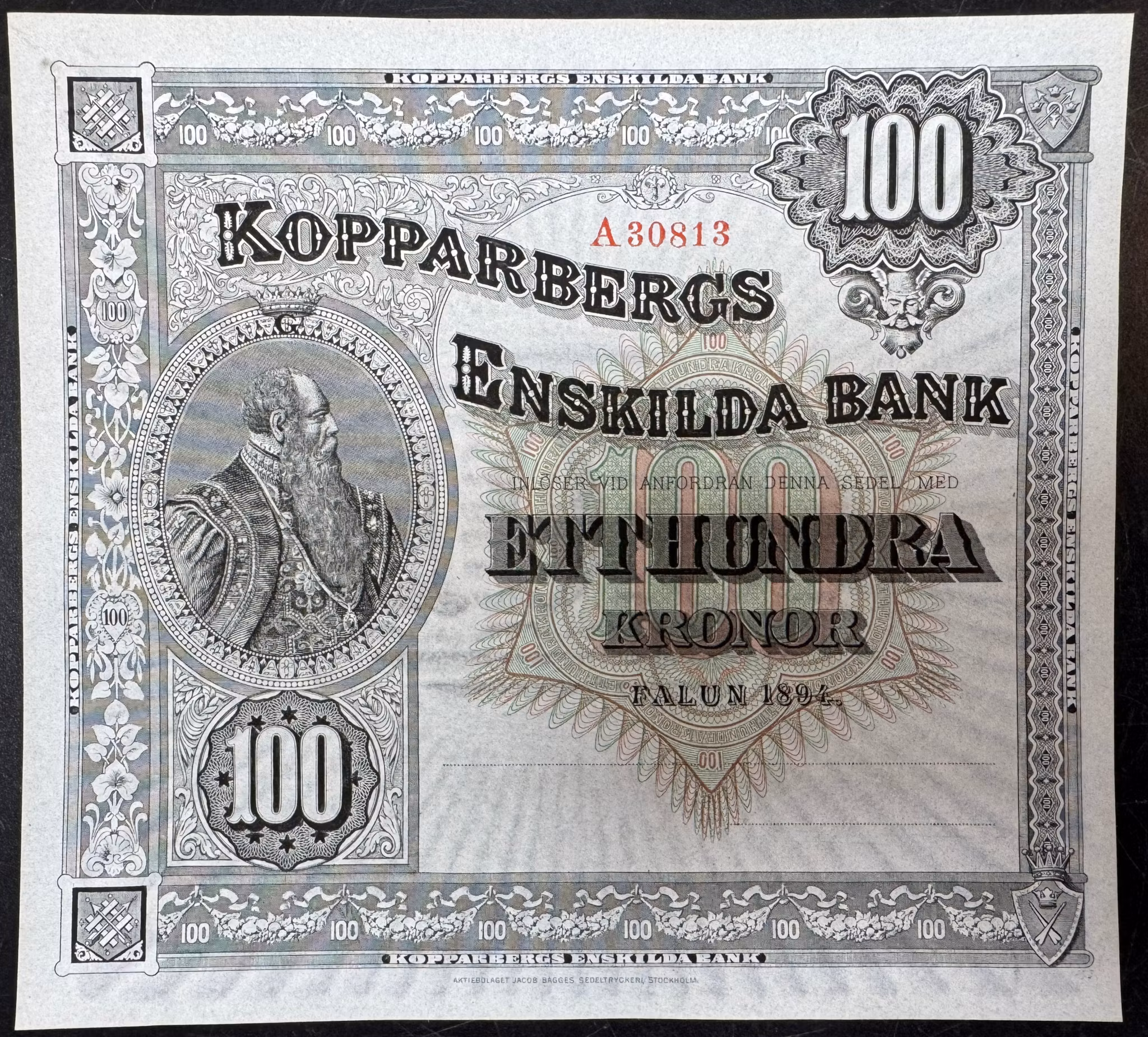 Kopparbergs Enskilda Bank - 100 kronor 1894 - Perfekt skick - Mycket sällsynt