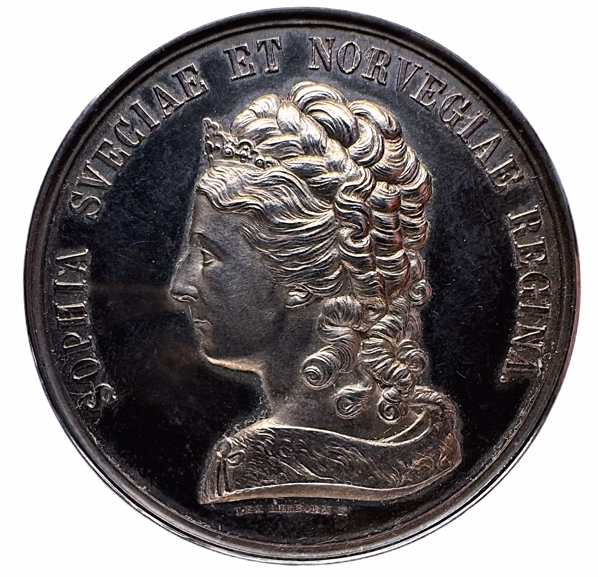 Drottning Sophias medalj som minnesgåva eller belöning "IN SUI MEMORIAM", graverad av Lea Ahlborn 1874 - Detta exemplar utdelat 1938 - Mycket sällsynt
