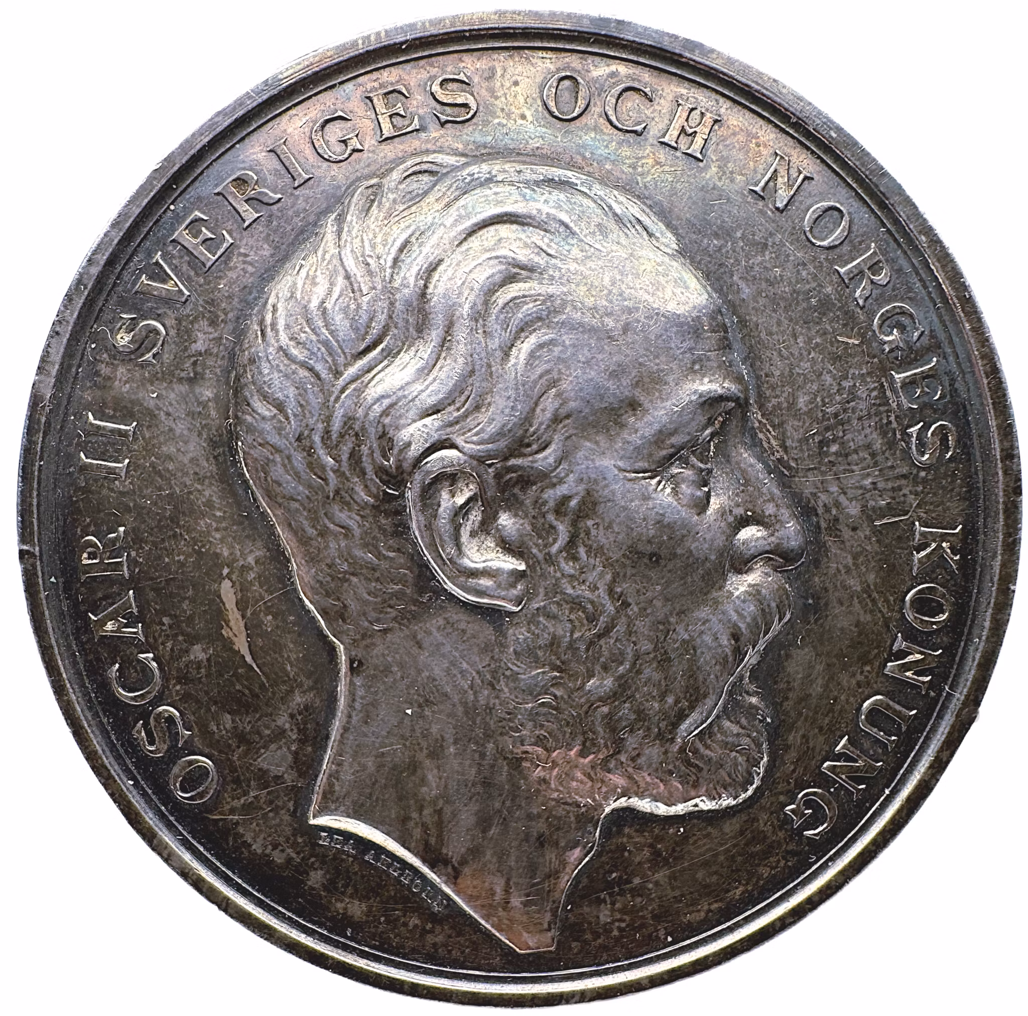 Oskar II - Industri- och slöjdutställningen i Malmö 1881 av Lea Ahlborn - Pampig och sällsynt silvermedalj