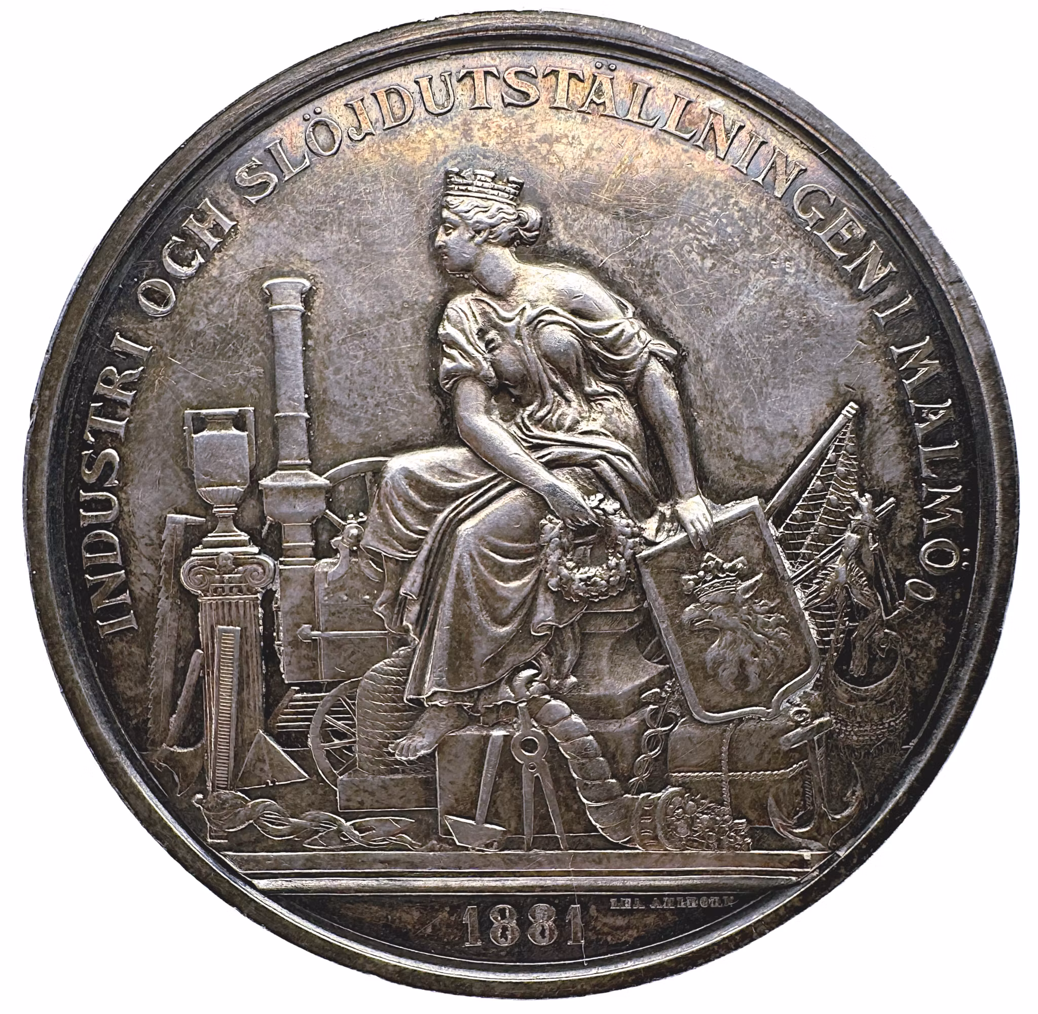 Oskar II - Industri- och slöjdutställningen i Malmö 1881 av Lea Ahlborn - Pampig och sällsynt silvermedalj