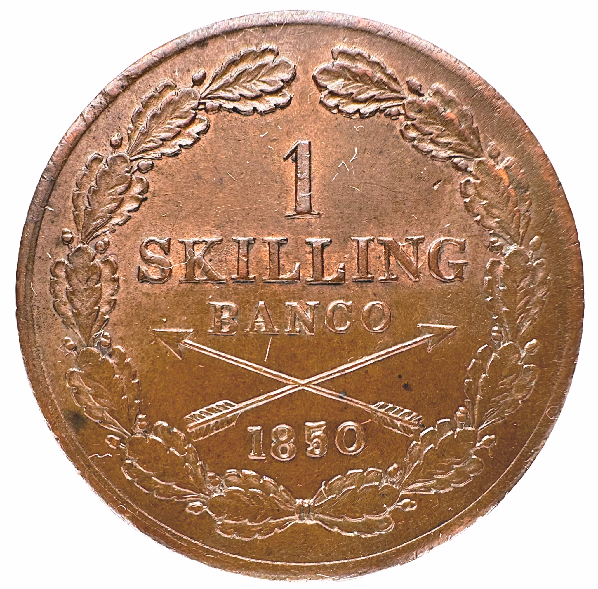 Oskar I - 1 Skilling 1850 - Vackert exemplar med en hel del röd färg - Sällsynt