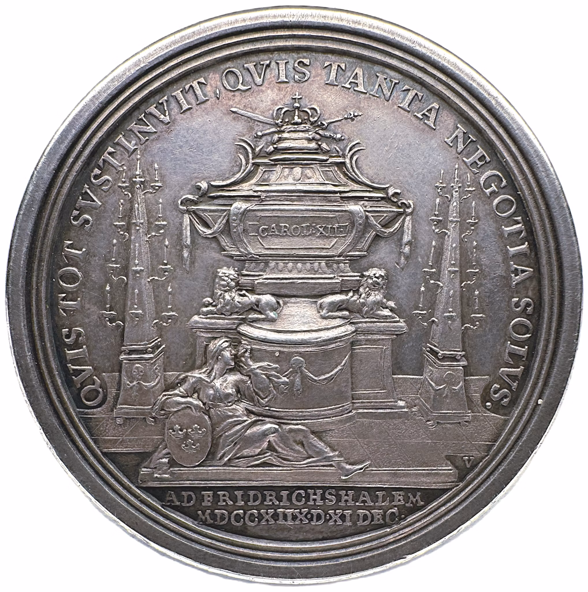 Konungens död under belägringen av Fredriksstens fästning vid Fredrikshall i Norge den 30 november 1718 och begravning i Riddarholmskyrkan i Stockholm den 26 februari 1719 av Georg Wilhelm Vestner