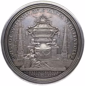 Konungens död under belägringen av Fredriksstens fästning vid Fredrikshall i Norge den 30 november 1718 och begravning i Riddarholmskyrkan i Stockholm den 26 februari 1719 av Georg Wilhelm Vestner