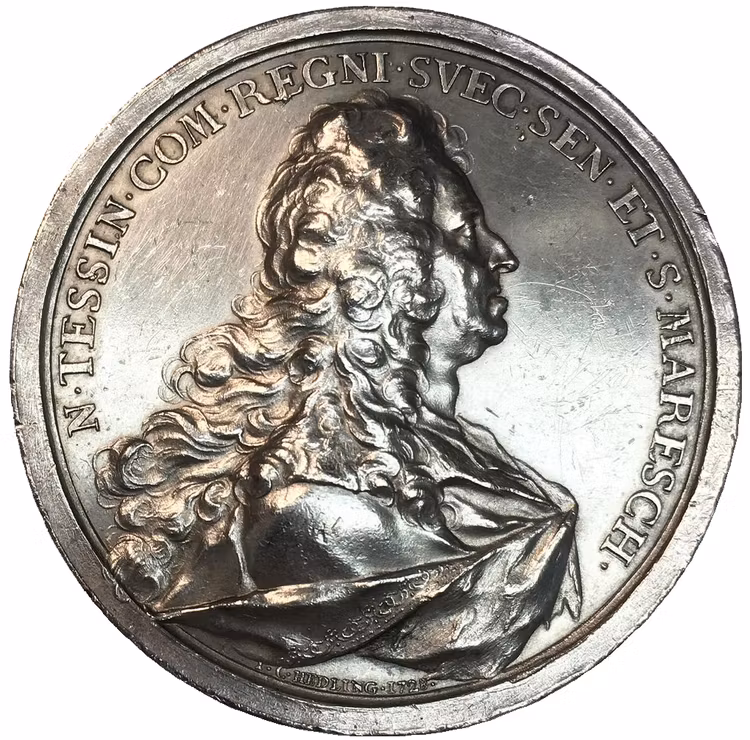 Fredrik I - Nikodemus Tessin d.y. Silvermedalj 1728 - av J.C. Hedlinger - Sin tids främsta arkitekt och byggare i Sverige