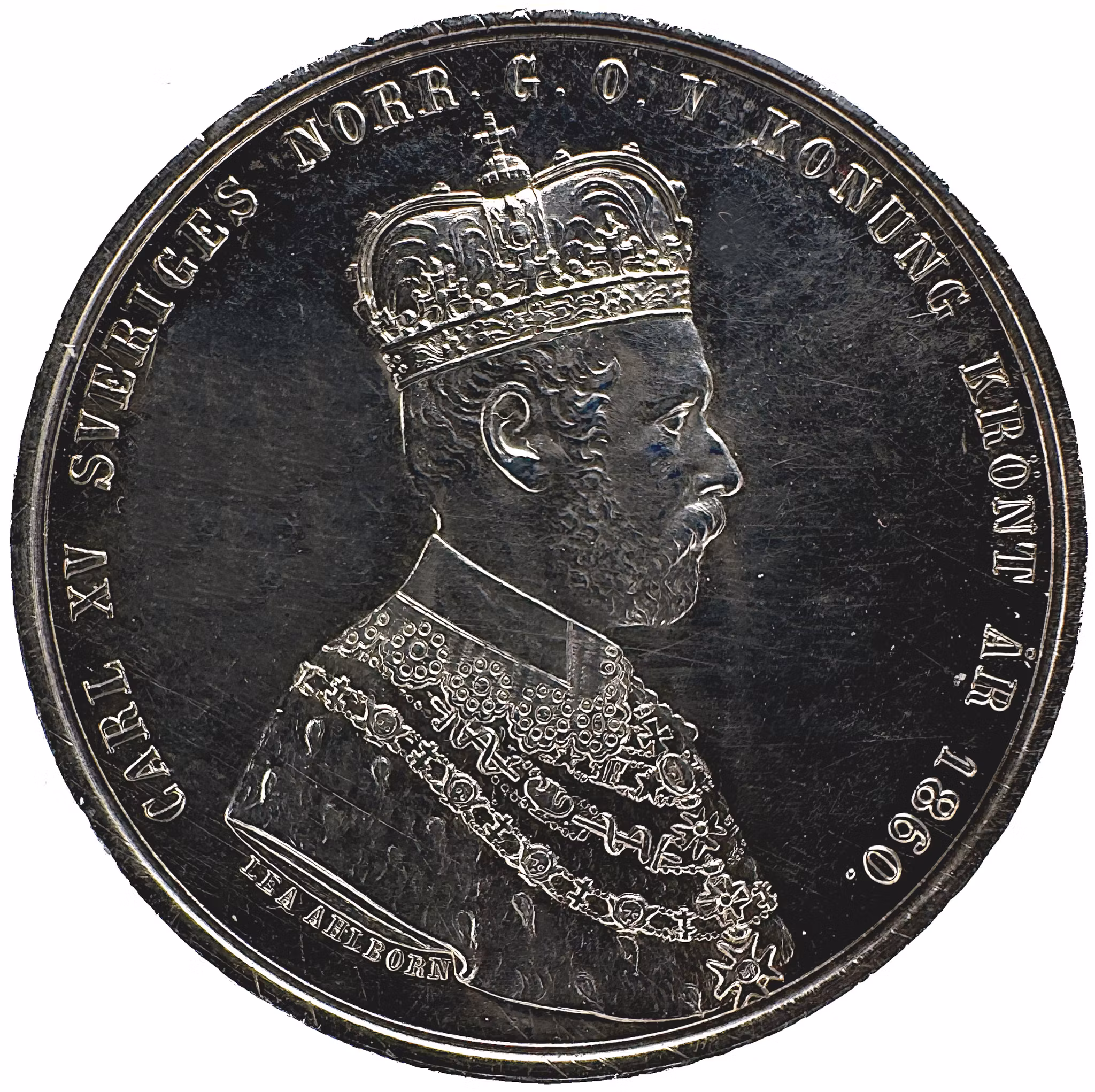 Karl XV:s kröning i Stockholms Storkyrka den 3 maj 1860 - Minnespenning med härligt porträtt