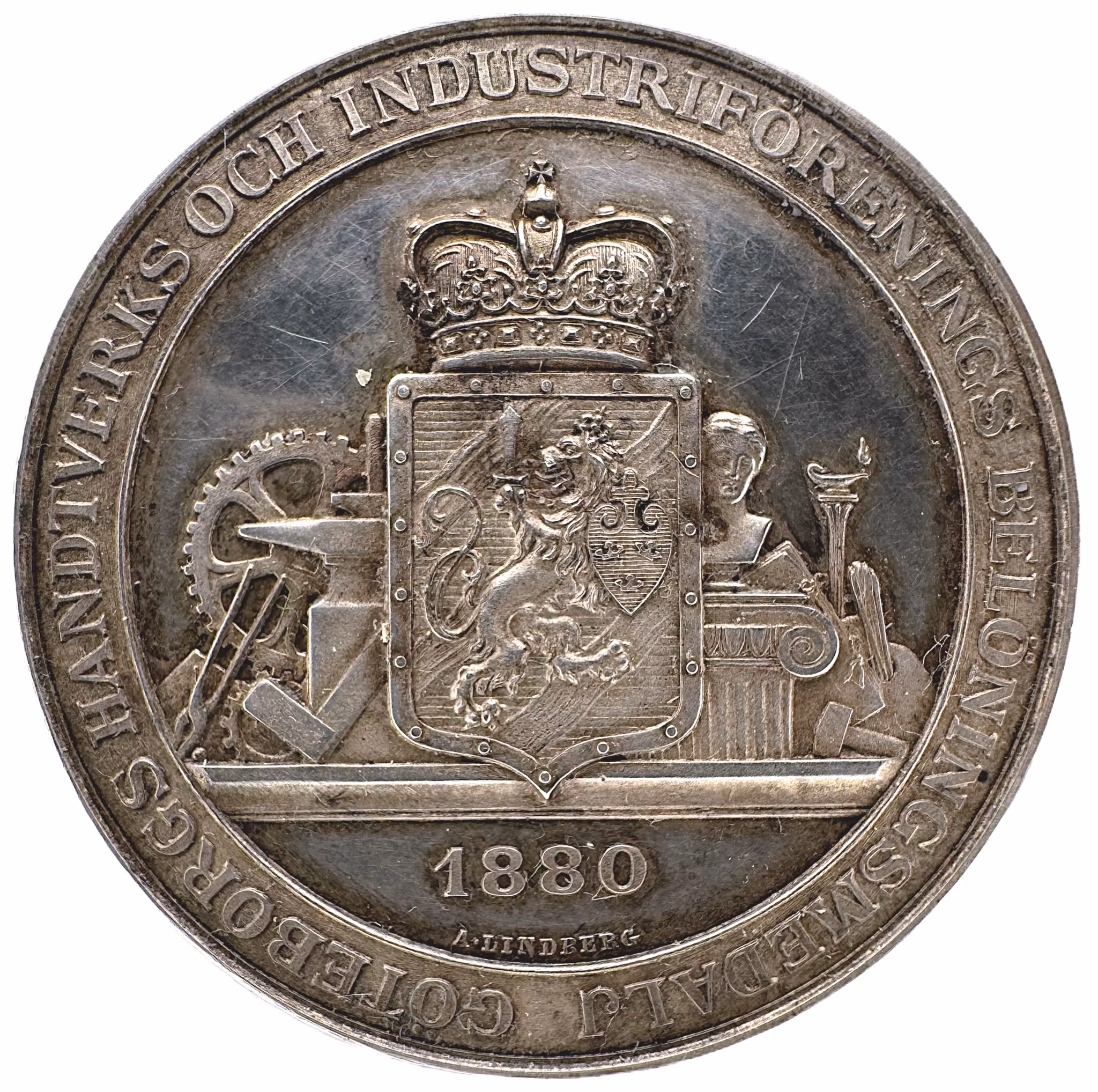 Oskar II - Göteborgs hantverks och industriförenings belöningsmedalj utdelad till J.A. Nyqvist 1891 av Adolf Lindberg