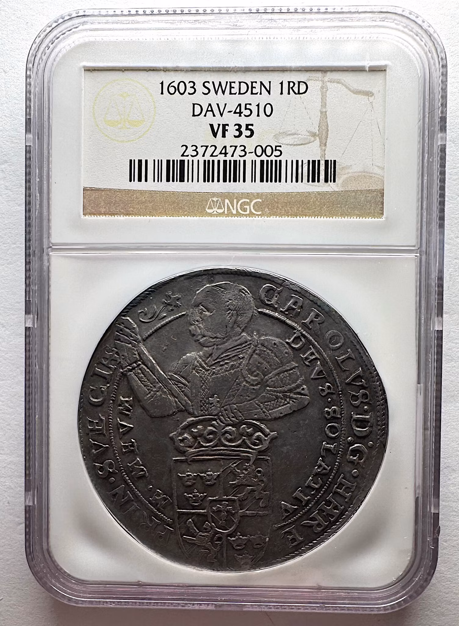 Karl (IX) - Som riksföreståndare 1598-1604 - Daler 1603 - Osedvanligt skarpt och väl utpräglat exemplar - Certifierat av NGC - VF35