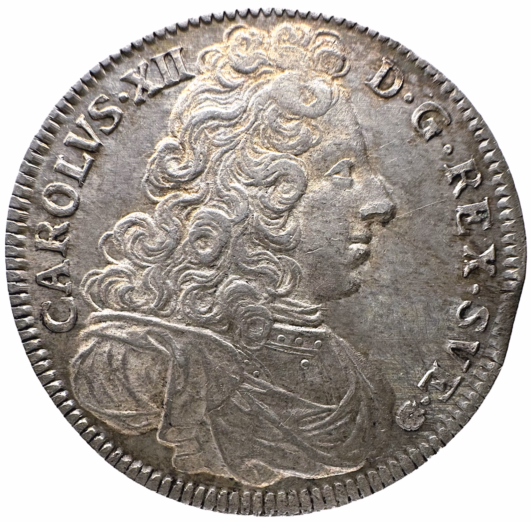 Karl XII - 4 Mark 1701 - Ett underbart tekniskt ocirkulerat exemplar med full lyster och bottenstriering bevarad