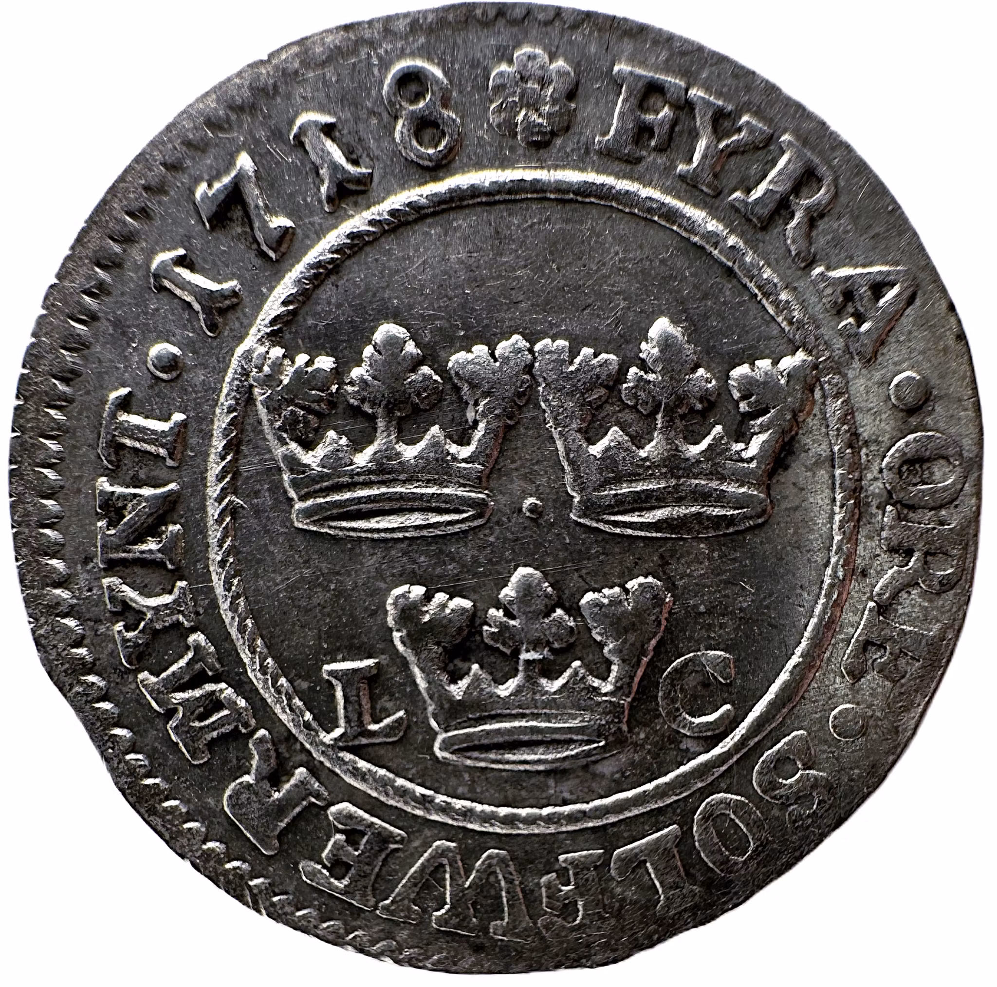 Karl XII - 4 Öre SM 1718 - Krona med rutad kronbotten - Härligt exemplar