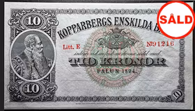 Kopparbergs Enskilda Bank - 10 kronor 1894 - Perfekt skick - Mycket sällsynt