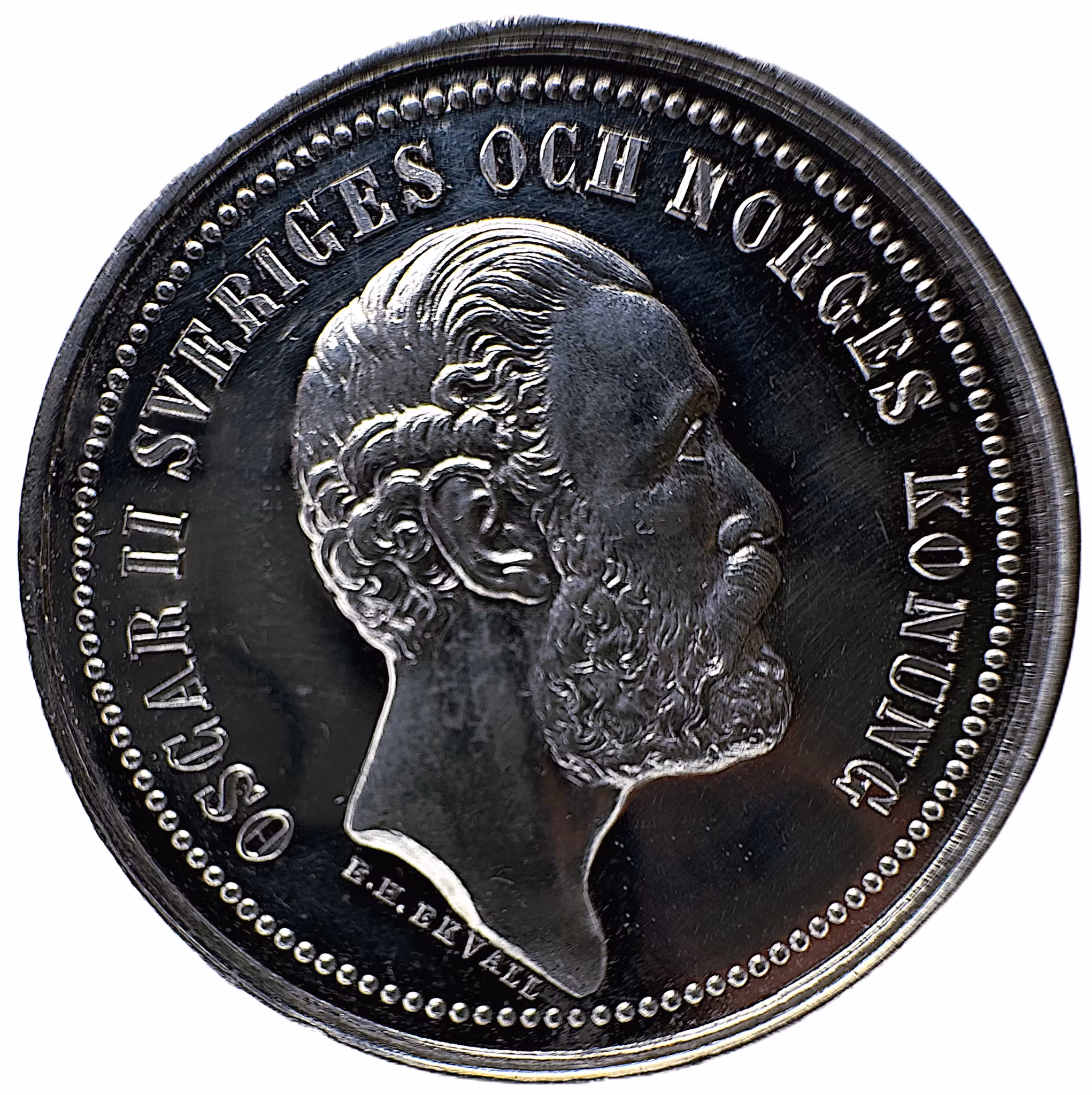 Oskar II - Uppsala universitets jubelfest 1877 av Ekvall - Ett underbart exemplar med frostad relief och djupt spegelglänsande fält