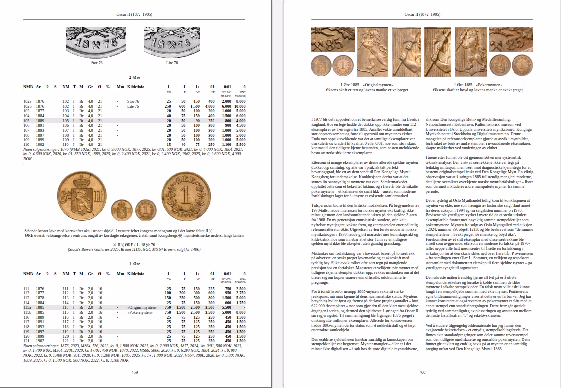 Norges Myntbok 995–2025 är inbunden i A4-format och tryckt i fullfärg, med cirka 550 sidor