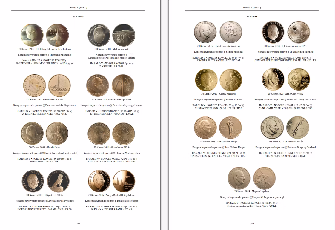 Norges Myntbok 995–2025 är inbunden i A4-format och tryckt i fullfärg, med cirka 550 sidor