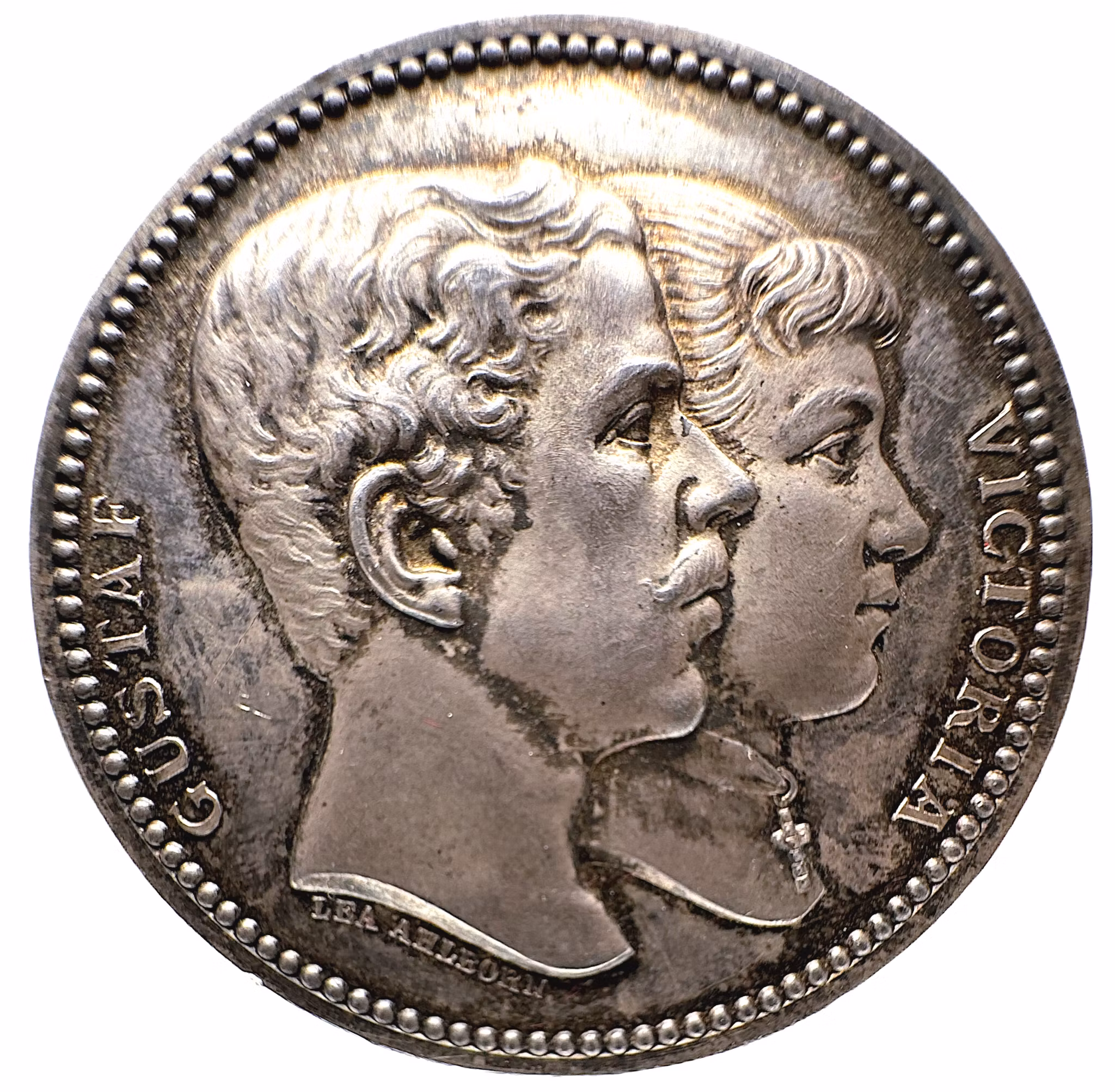 Kronprins Gustaf (senare Gustav V) och prinsessan Victorias giftermål i Karlsruhe, Baden 20 september 1881 av Lea Ahlborn - Toppexemplar i silver - Mycket sällsynt