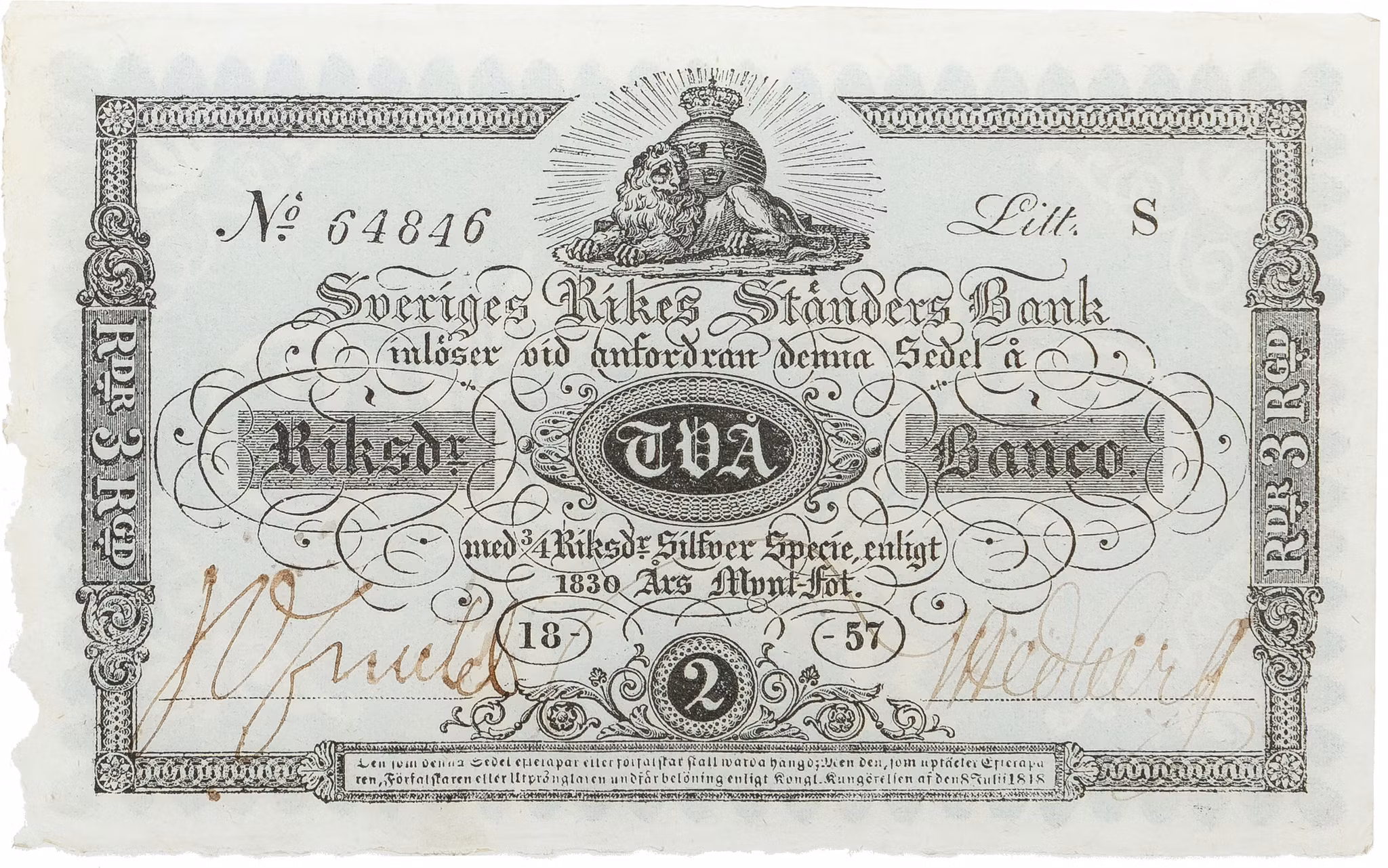 2 Riksdaler Banco 1857 - Ovikt och fräscht ocirkulerat exemplar - Sällsynt i detta skick