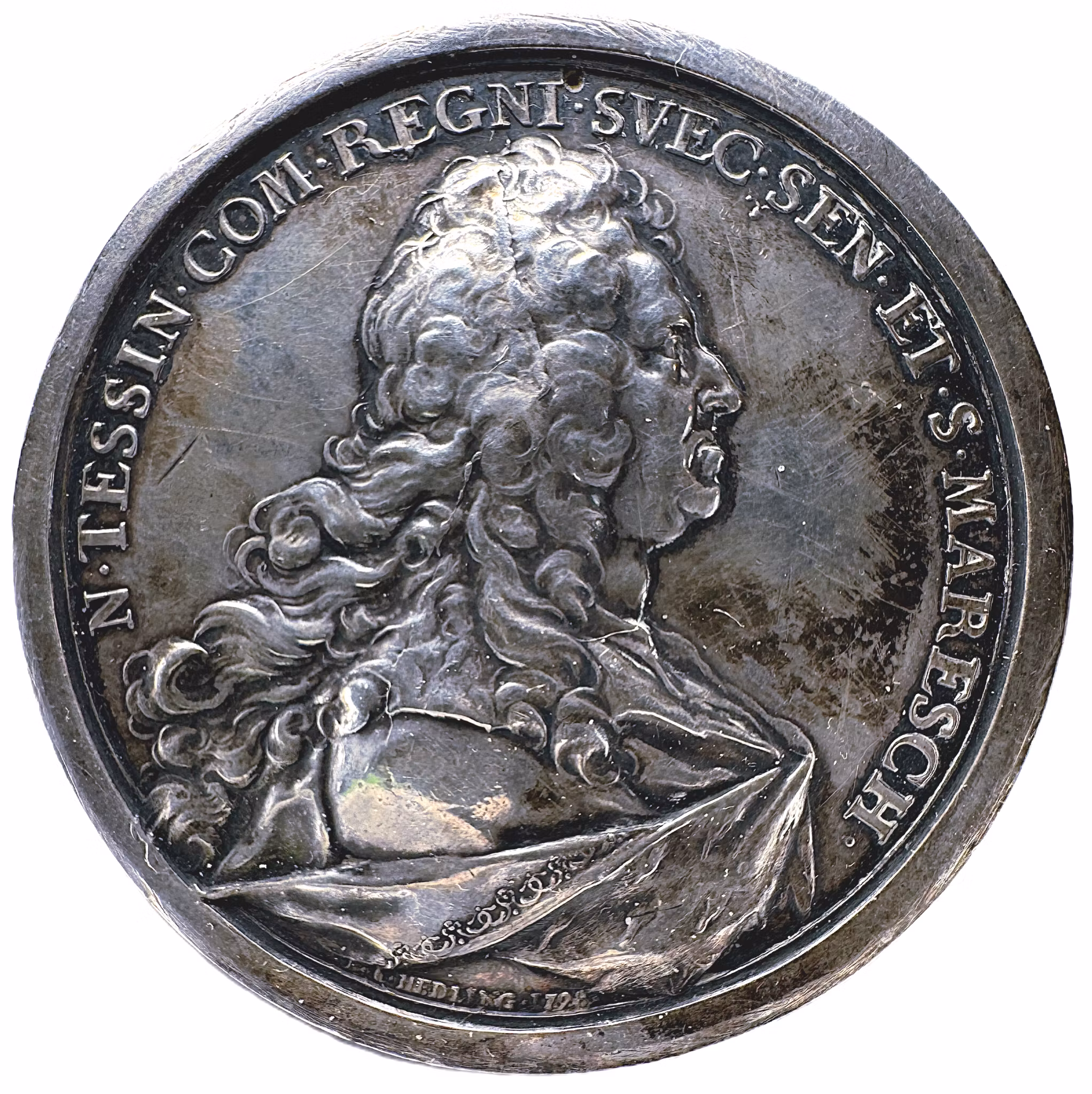 Nikodemus Tessin d.y. Silvermedalj 1728 - av J.C. Hedlinger