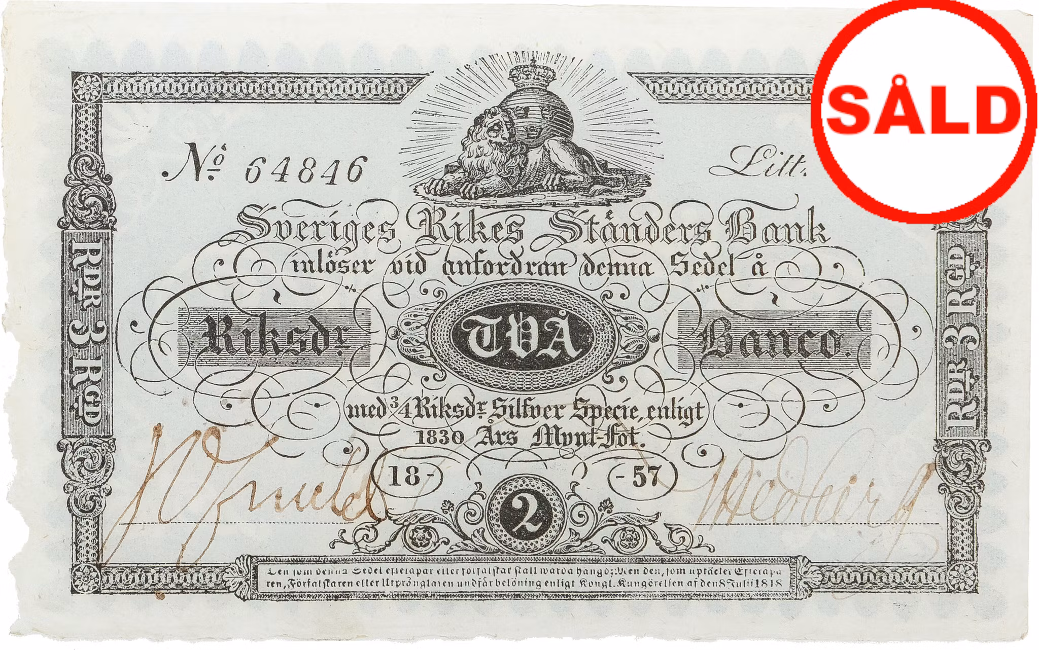 2 Riksdaler Banco 1857 - Ovikt och fräscht ocirkulerat exemplar - Sällsynt i detta skick
