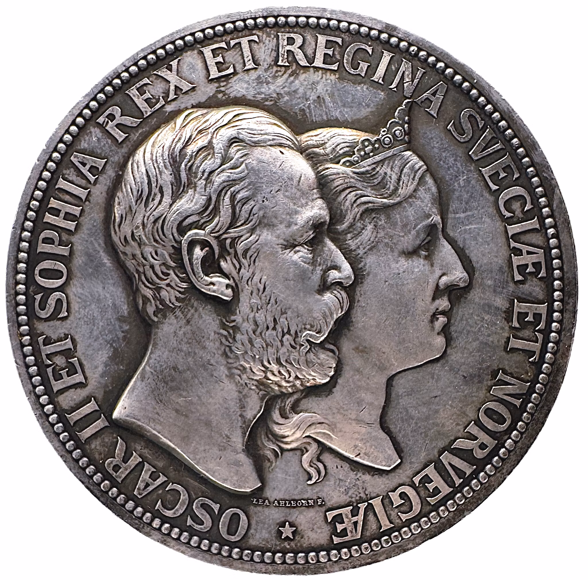 Oskar II och Sophia – Silverbröllopet 1857–1882 - Ett ståtligt och massivt exemplar för varje samlare av sällsynta och vackra praktmedaljer i den största storleken!