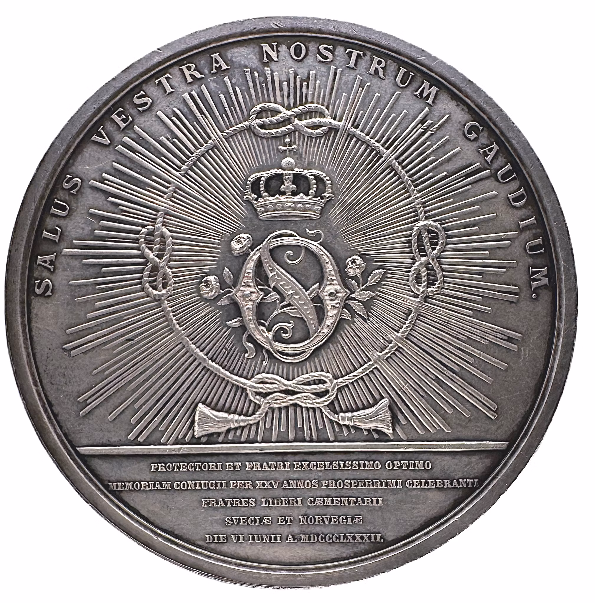 Oskar II och Sophia – Silverbröllopet 1857–1882 - Ett ståtligt och massivt exemplar för varje samlare av sällsynta och vackra praktmedaljer i den största storleken!