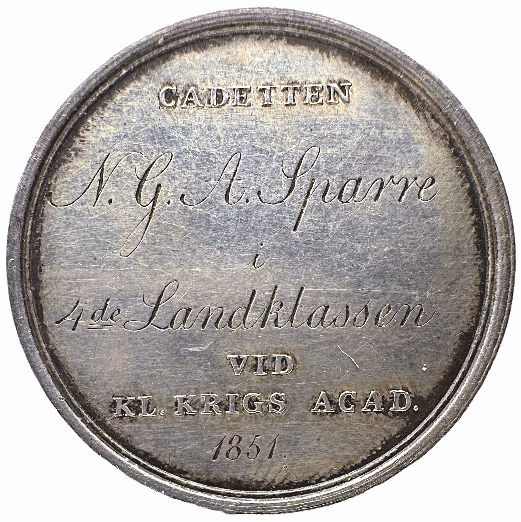 Kungliga krigsakademien på Carlberg - Belöningsmedalj utdelad till N. G. A. Sparre 1851 för framsteg i vetenskaperna - Mycket sällsynt