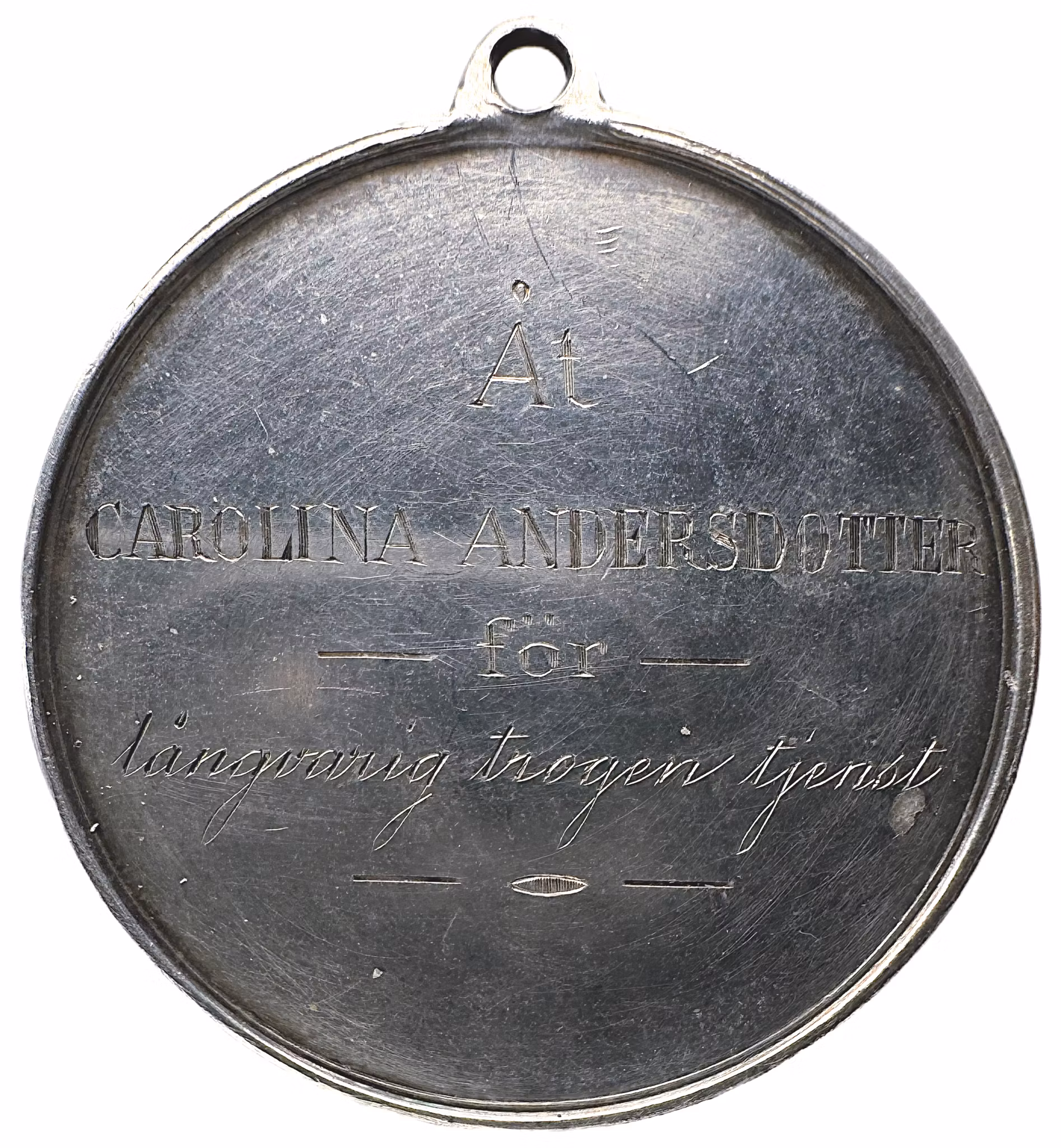 Oskar II - Kungliga Patriotiska sällskapets belöningsmedalj tilldelad Carolina Andersdotter för långvarig trogen tjänst i november 1894 - Ett historiskt dokument