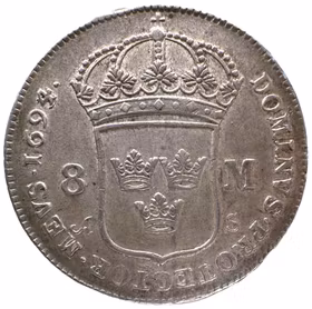 Karl XI - 8 Mark 1694/3 - Mycket vackert exemplar med den intressanta randskriften: "MANIBUS NE LAEDAR AVARIS" som översatt lyder: "Må inga händer skada mig"