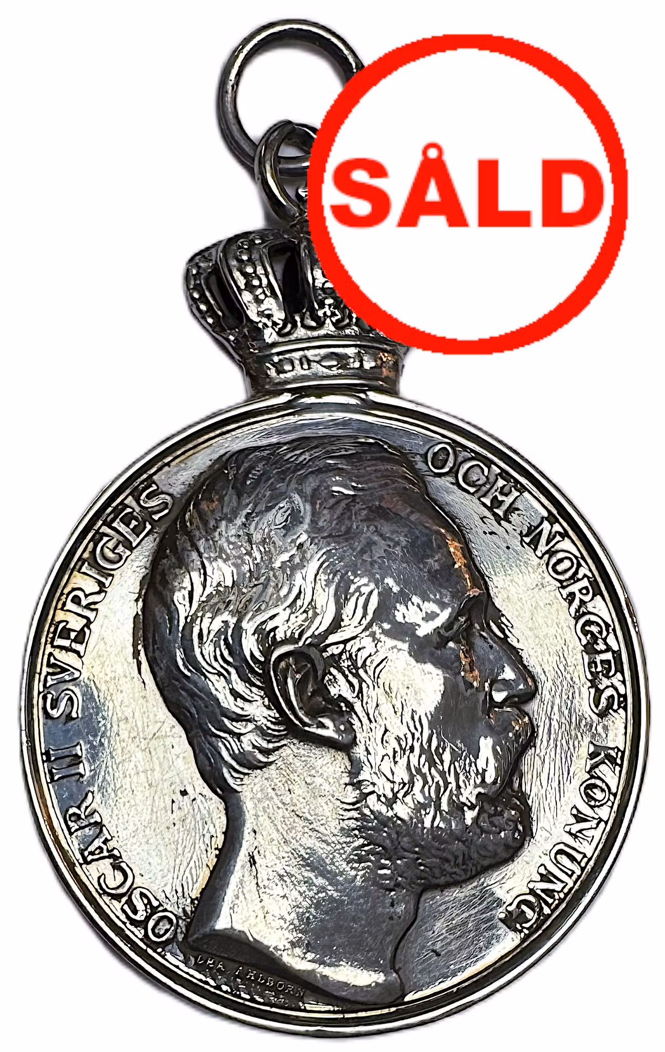 Oskar II - Kungliga Patriotiska Sällskapet största modell 1872, liten krona med gångjärnfäste - tilldelad Anders Johansson - Sällsynt