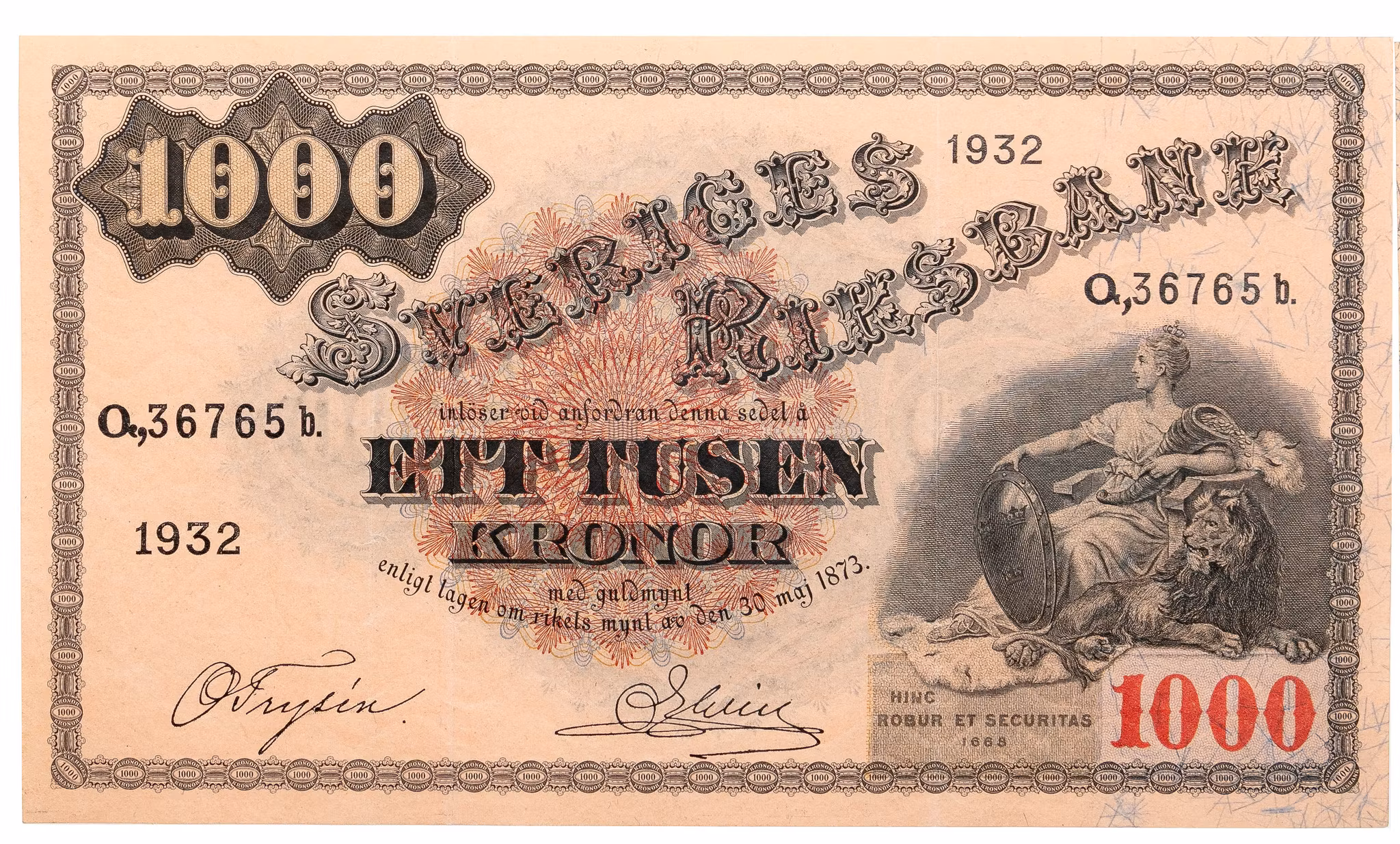 Sveriges Riksbank - 1000 kronor 1932 - En sällsynt sedel - RR
