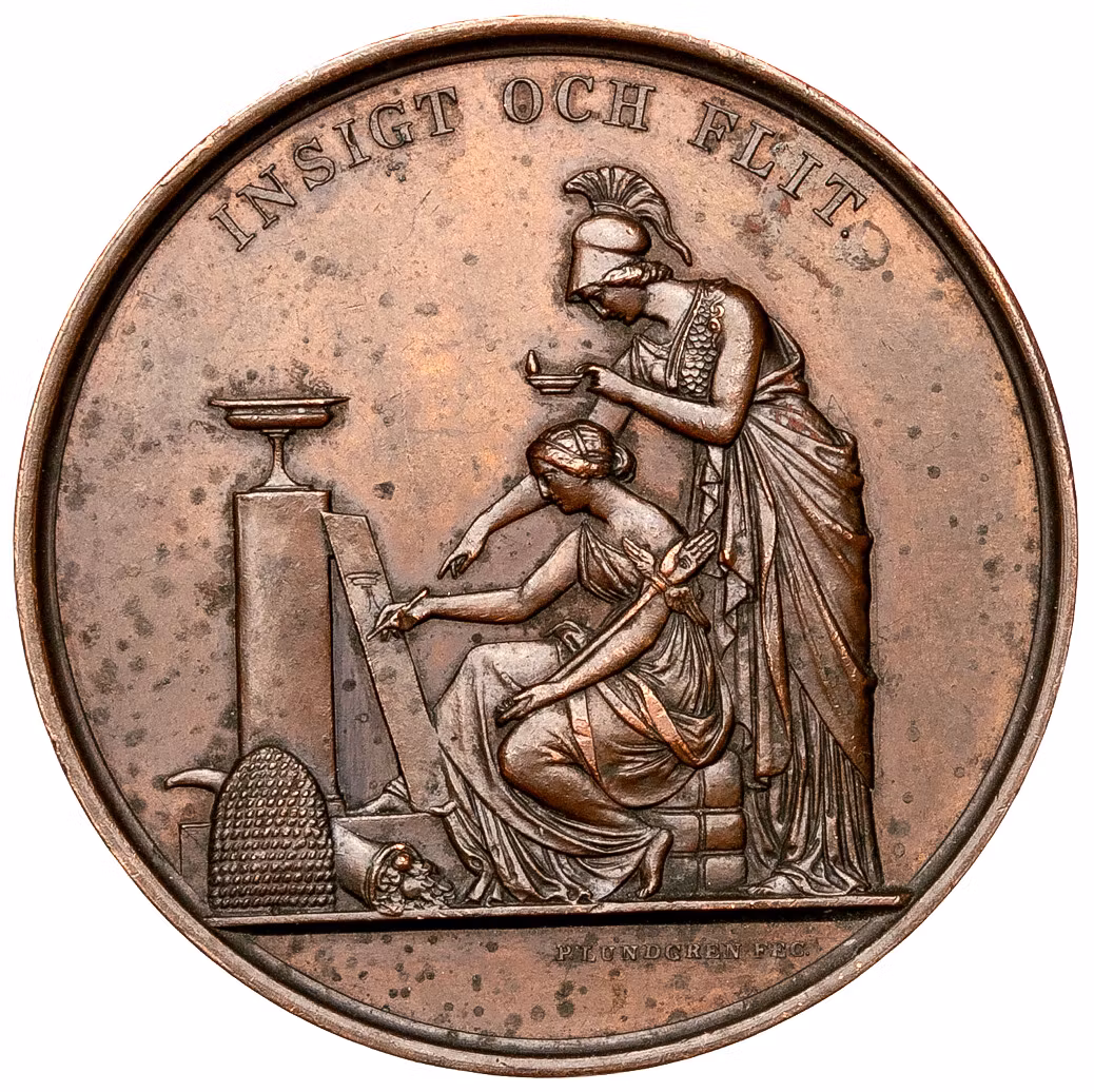 Oskar I (1799–1859). Svenska Slöjdföreningens belöningsmedalj av Pehr Henrik Lundgren 1847 - Tilldelad J. A. Andersson för framsteg i klotsritning efter naturen 1856 - Upplysningens arvtagare och hant