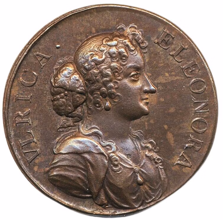 Ulrika Eleonora d.ä. (1656–1693) av Arvid Karlsteen för Drottningens kröning 25 november 1680 - XR - Tidigare opublicerad - Enda kända exemplaret - Fredspanten från norr: Ulrika Eleonora och den krönt