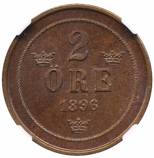 Oskar II - 2 Öre 1896 - TOPPEXEMPLAR - Ceritifierat av NGC MS 65 BN