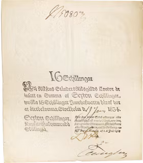 Riksgäldskontoret - Sedel 16 skillingar 1834 - Sällsynt - Krig och behov av snabba pengar