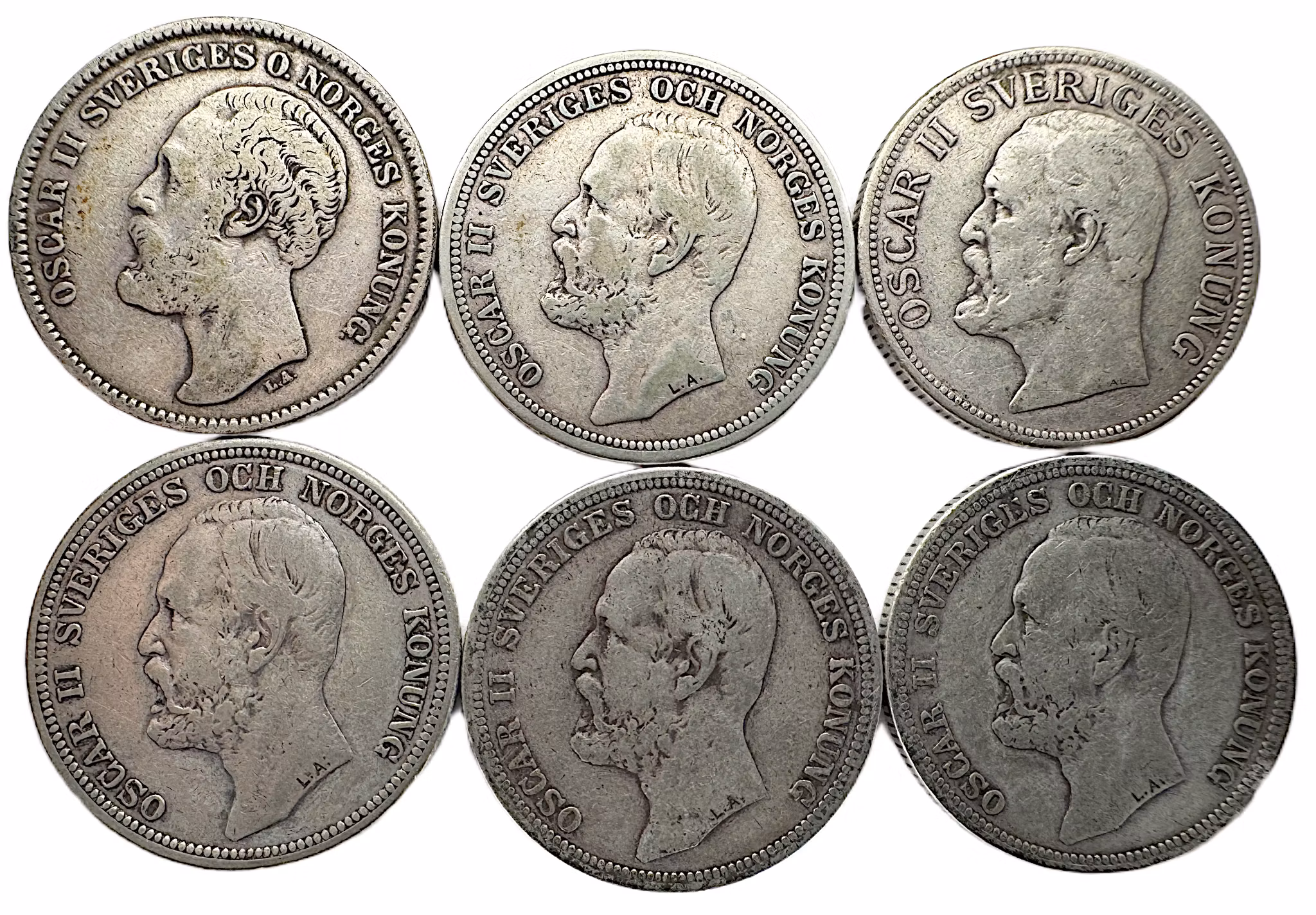 Oskar II - 6 st 2 kronor  (1876, 1903x2, 1904, 1900, 1906) - Bra startpaket för ditt samlande