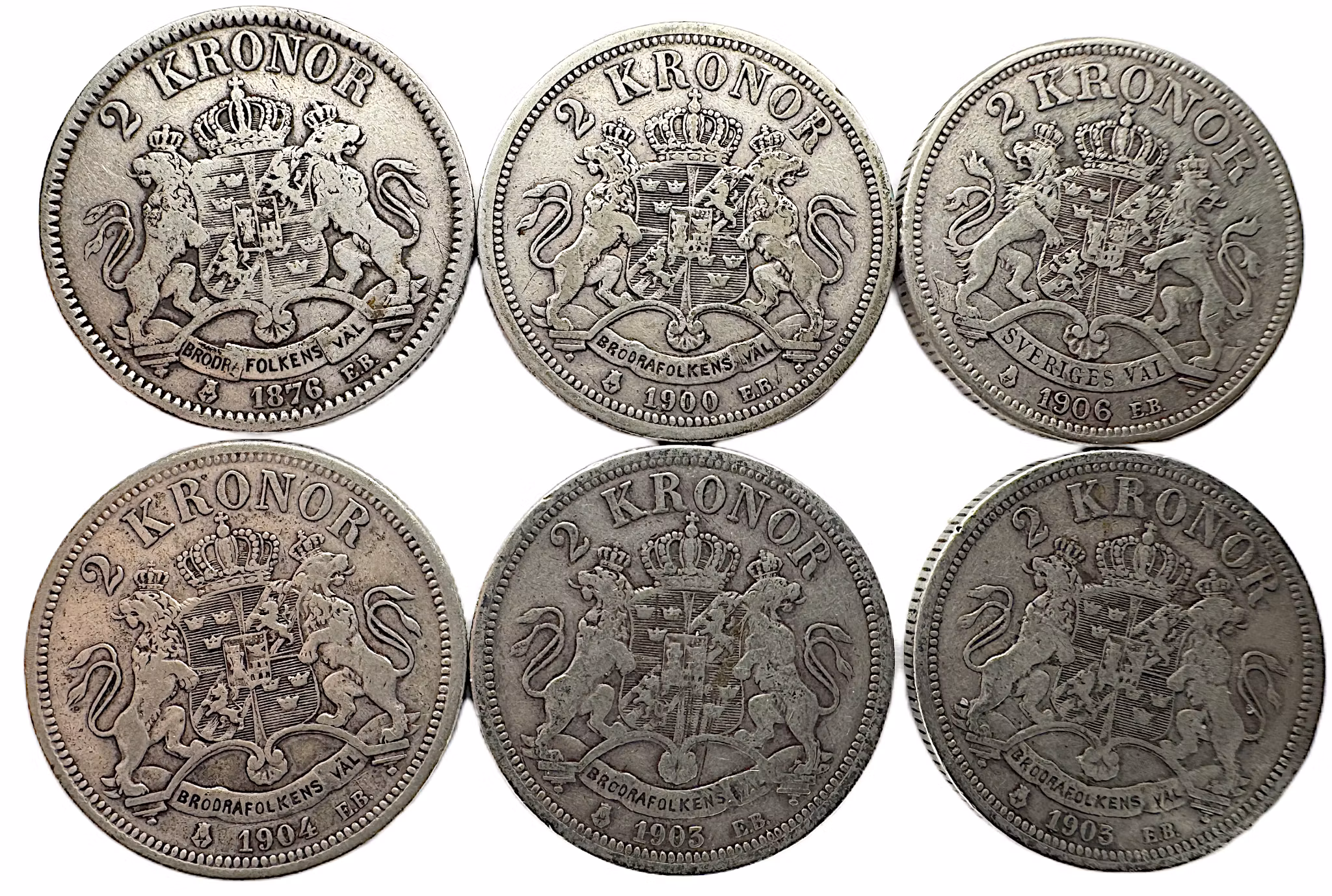 Oskar II - 6 st 2 kronor  (1876, 1903x2, 1904, 1900, 1906) - Bra startpaket för ditt samlande