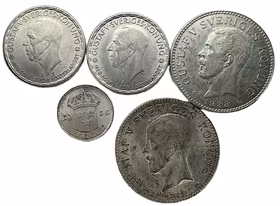 Gustav V - 5 vackra silvermynt - bra startpaket för din samling