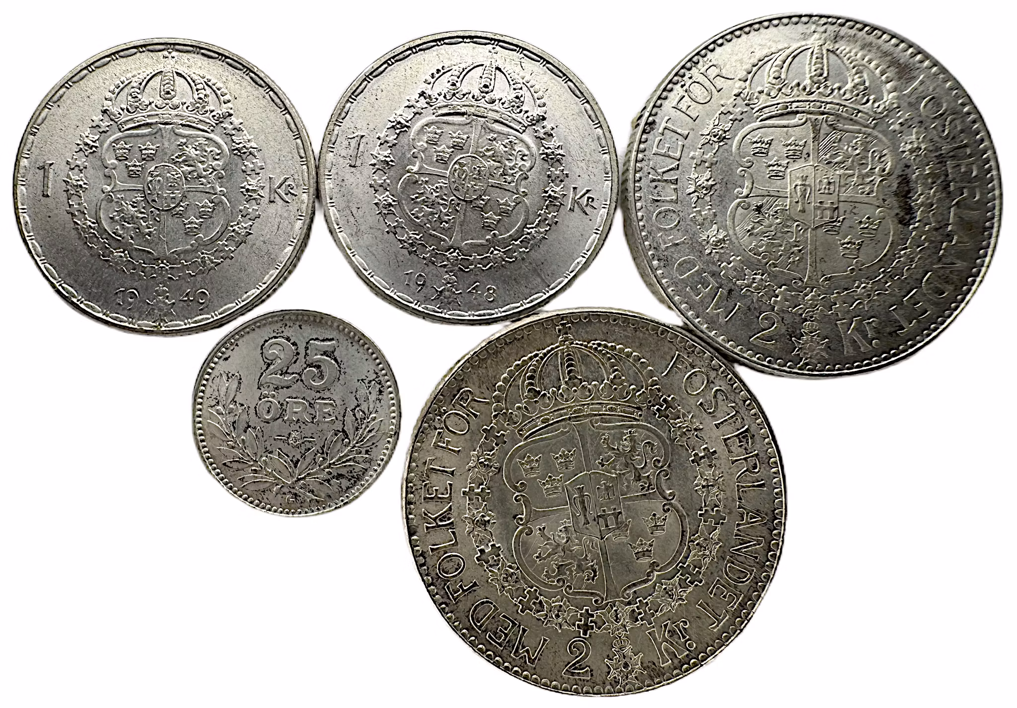 Gustav V - 5 vackra silvermynt - bra startpaket för din samling