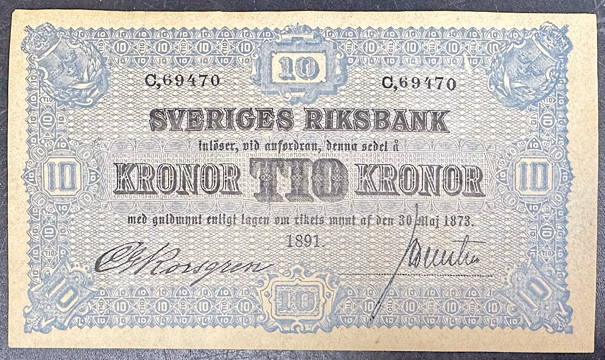 Sveriges Riksbank - 10 Kronor 1891 SEDEL - Ovikt toppexemplar - krispigt fräscht papper - Extremt sällsynt i denna kvalitet