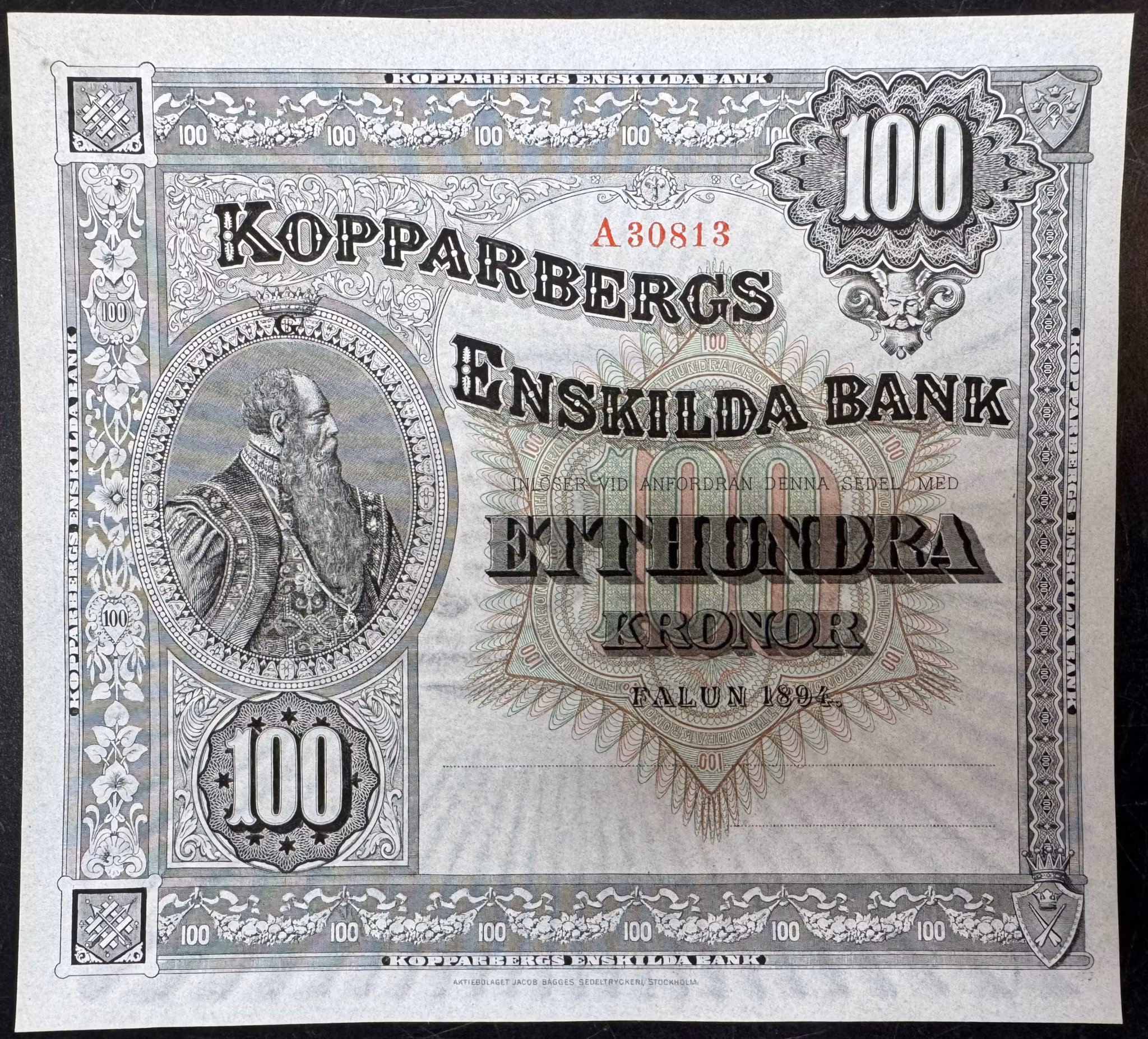 Kopparbergs Enskilda Bank - 100 kronor 1894 - Perfekt skick - Mycket sällsynt
