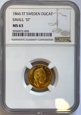 Karl XV - 1 Dukat 1866, litet årtal litet ST - Ett vackert tekniskt ocirkulerat exemplar med härligt frostad relief och djupt glänsande fält