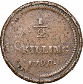 Gustav IV Adolf, Avesta, 1/2 skilling riksgälds 1799. Provmynt. Rutad rand. Präglad på 1 öre SM från Adolf Fredrik, tidigare odokumenterad i referenslitteraturen, möjligen unik