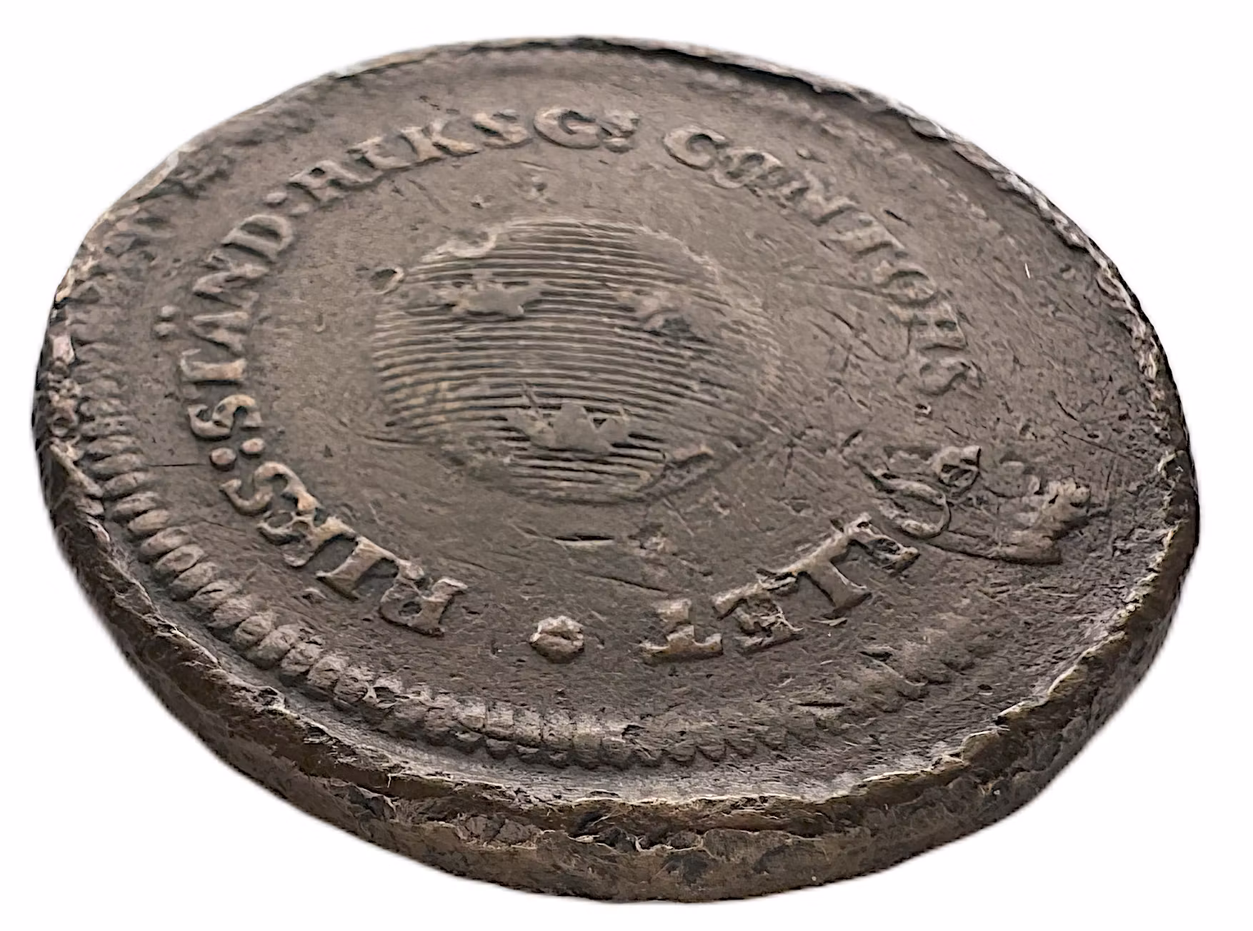 Gustav IV Adolf, Avesta, 1/2 skilling riksgälds 1799. Provmynt. Rutad rand. Präglad på 1 öre SM från Adolf Fredrik, tidigare odokumenterad i referenslitteraturen, möjligen unik