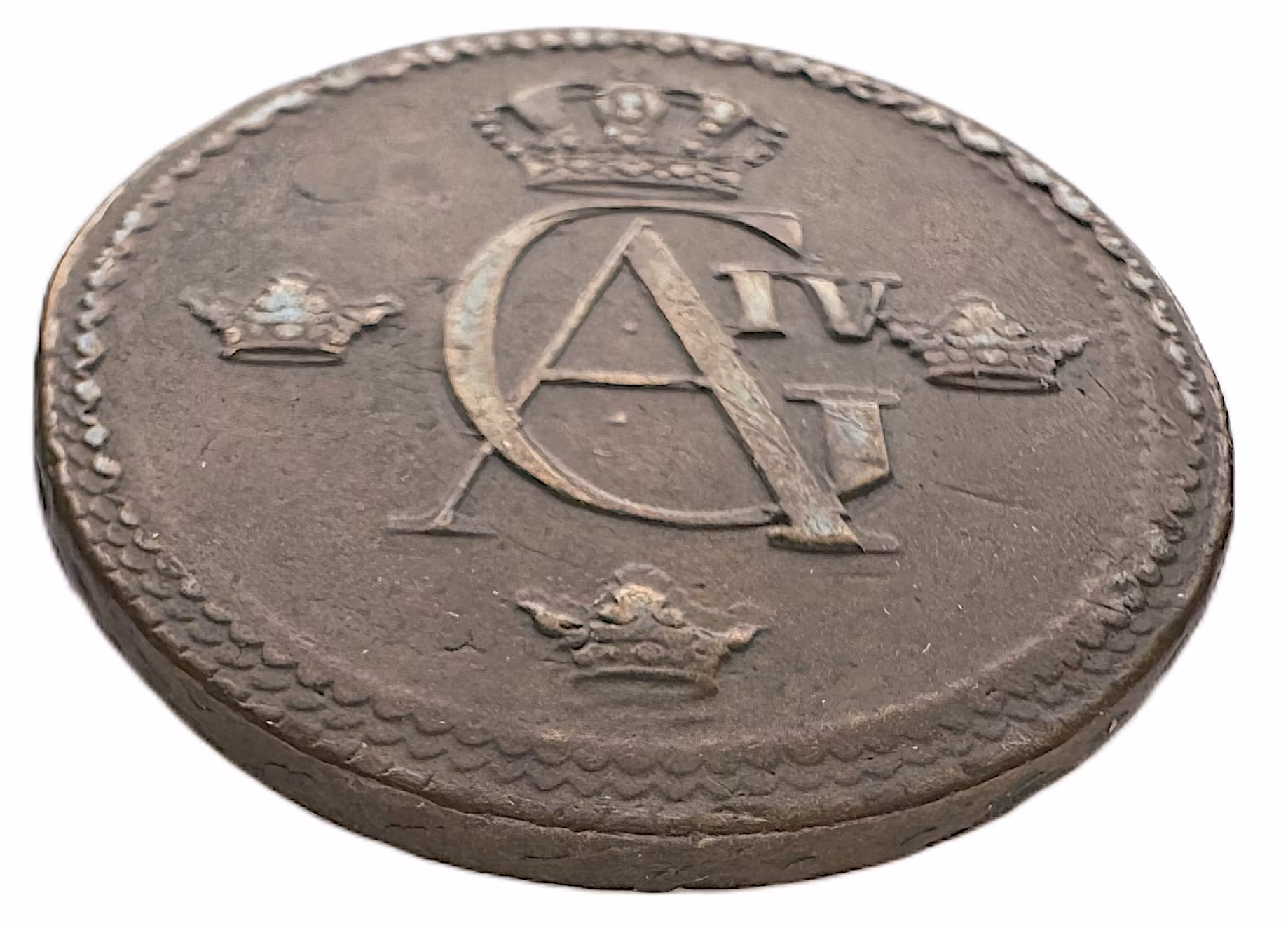 Gustav IV Adolf, Stockholm, 1/2 skilling 1805. Präglad på utländskt kopparmynt (möjligen en rysk 2 kopek från Paul I) - XR