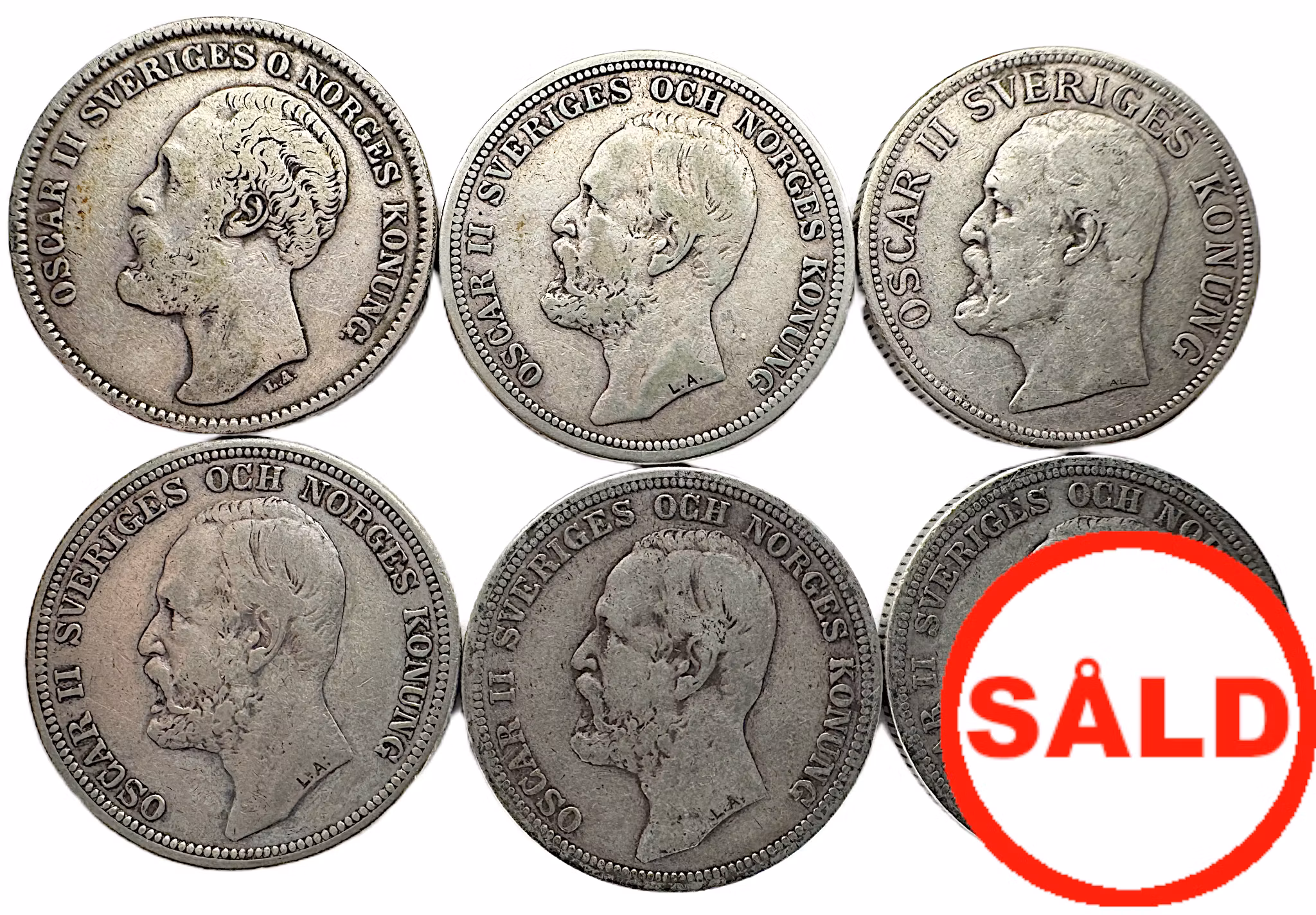 Oskar II - 6 st 2 kronor  (1876, 1903x2, 1904, 1900, 1906) - Bra startpaket för ditt samlande