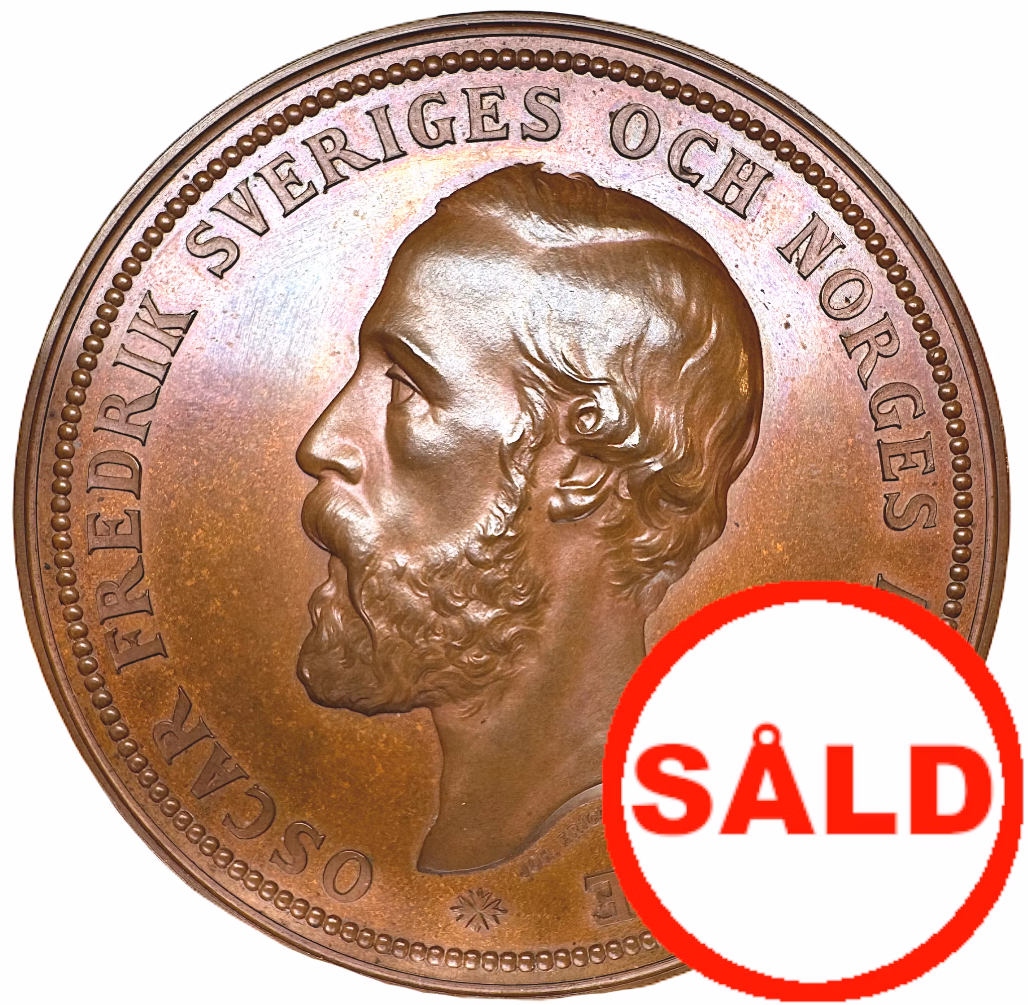 Hertig Oskar (II) som ordförande i kungliga centralkommitén för allmänna industri- och konstutställningen i Stockholm 1866  - Vacker bronsmedalj i originaletui