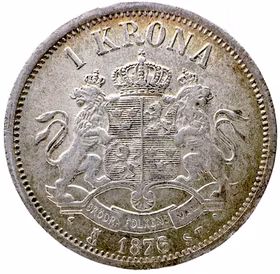 Oskar II (1872-1907). 1 Krona 1876. Sista årtalssiffran omgraverad från en 5:a (1876/5) - Underbar originalpatina och fin guldskimrande bottenlyster