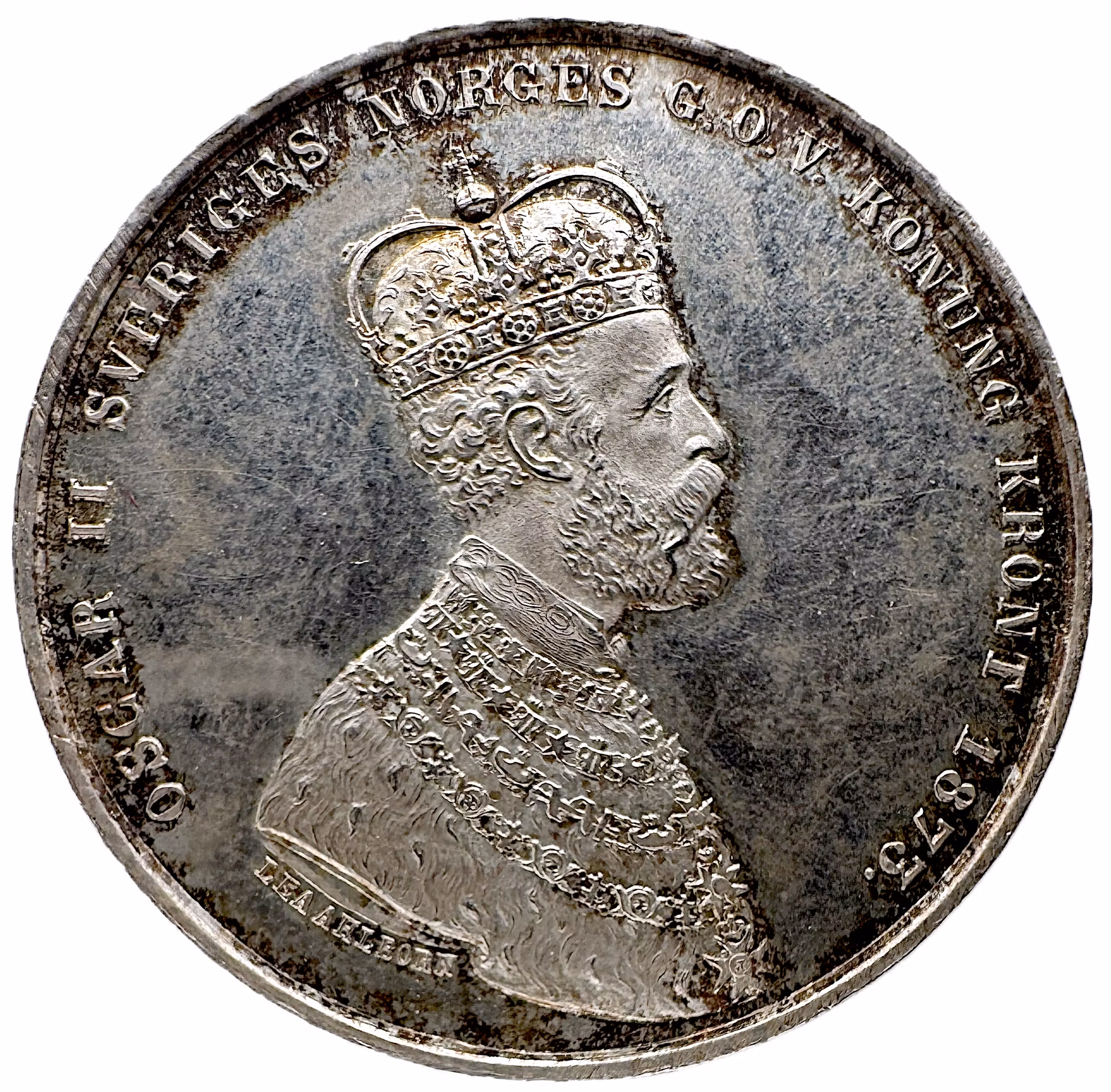 Oskar II - Minnespenning till konungens kröning 1873 - Ett härligt exemplar med frostad relief
