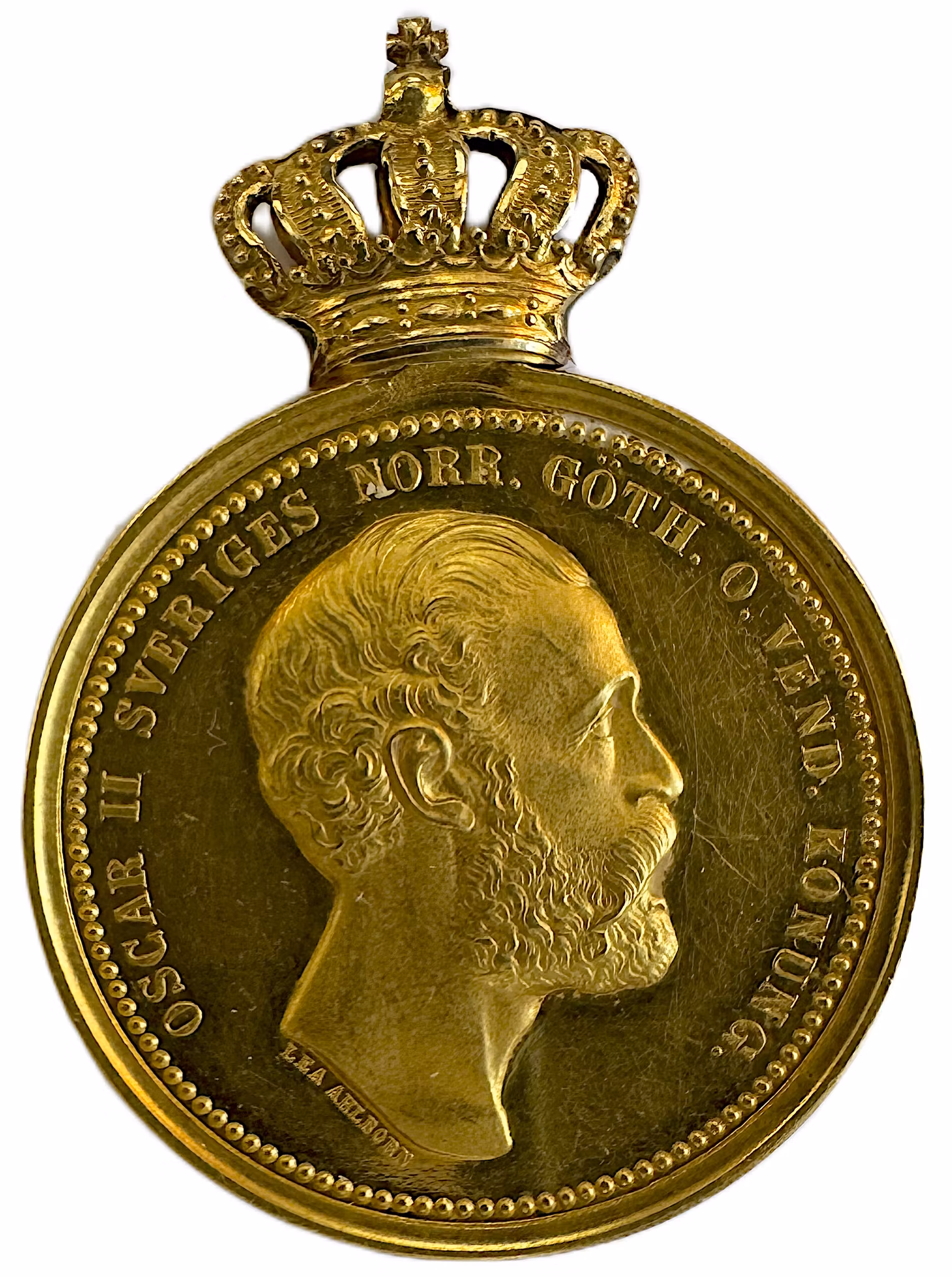 Oskar II - Två vackra guldmedaljer ca 1890 - Den mycket sällsynta För medborgerlig förtjänst tilldelad C. E. Thermænius samt För trohet och flit