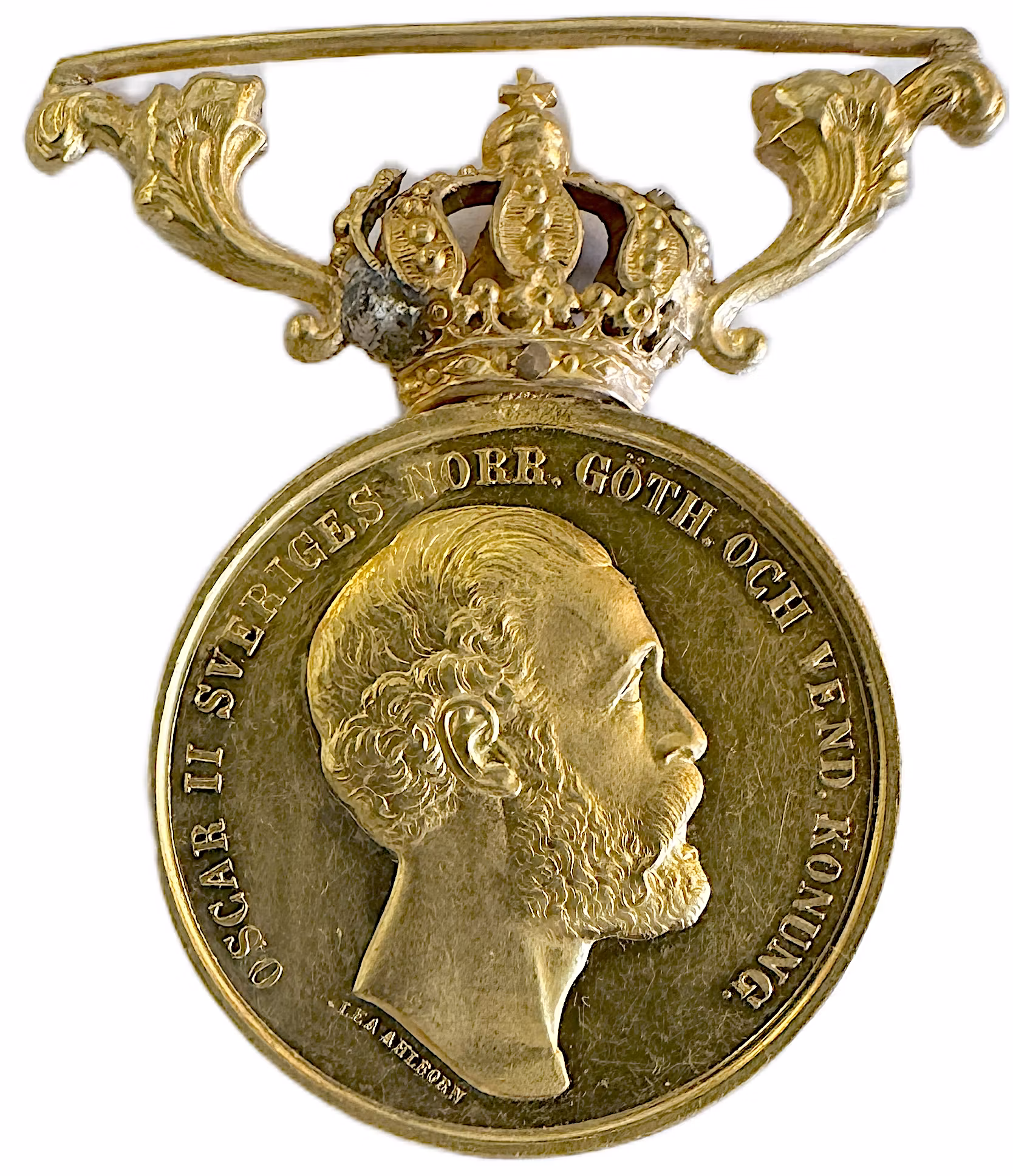 Oskar II - Två vackra guldmedaljer ca 1890 - Den mycket sällsynta För medborgerlig förtjänst tilldelad C. E. Thermænius samt För trohet och flit