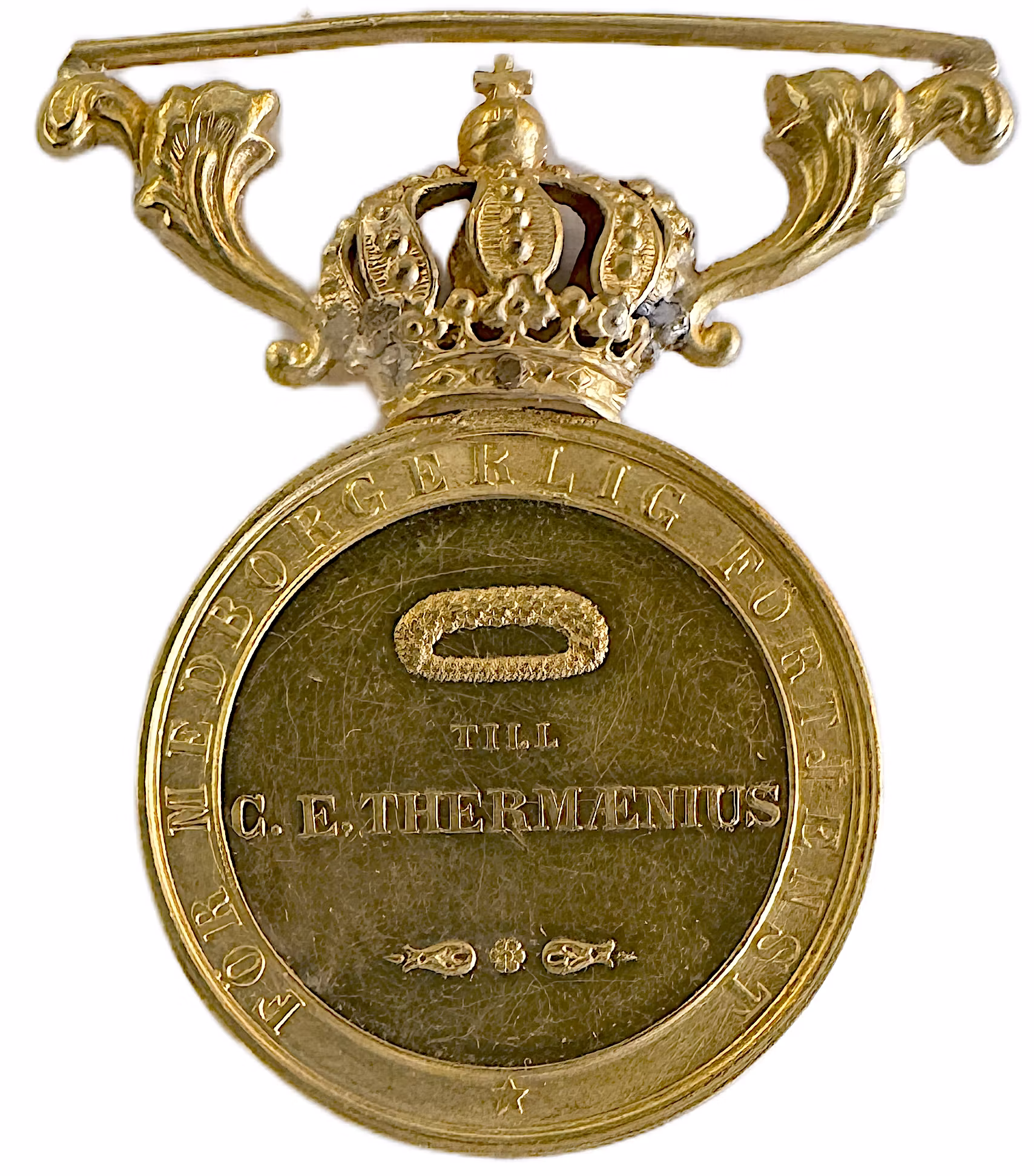 Oskar II - Två vackra guldmedaljer ca 1890 - Den mycket sällsynta För medborgerlig förtjänst tilldelad C. E. Thermænius samt För trohet och flit